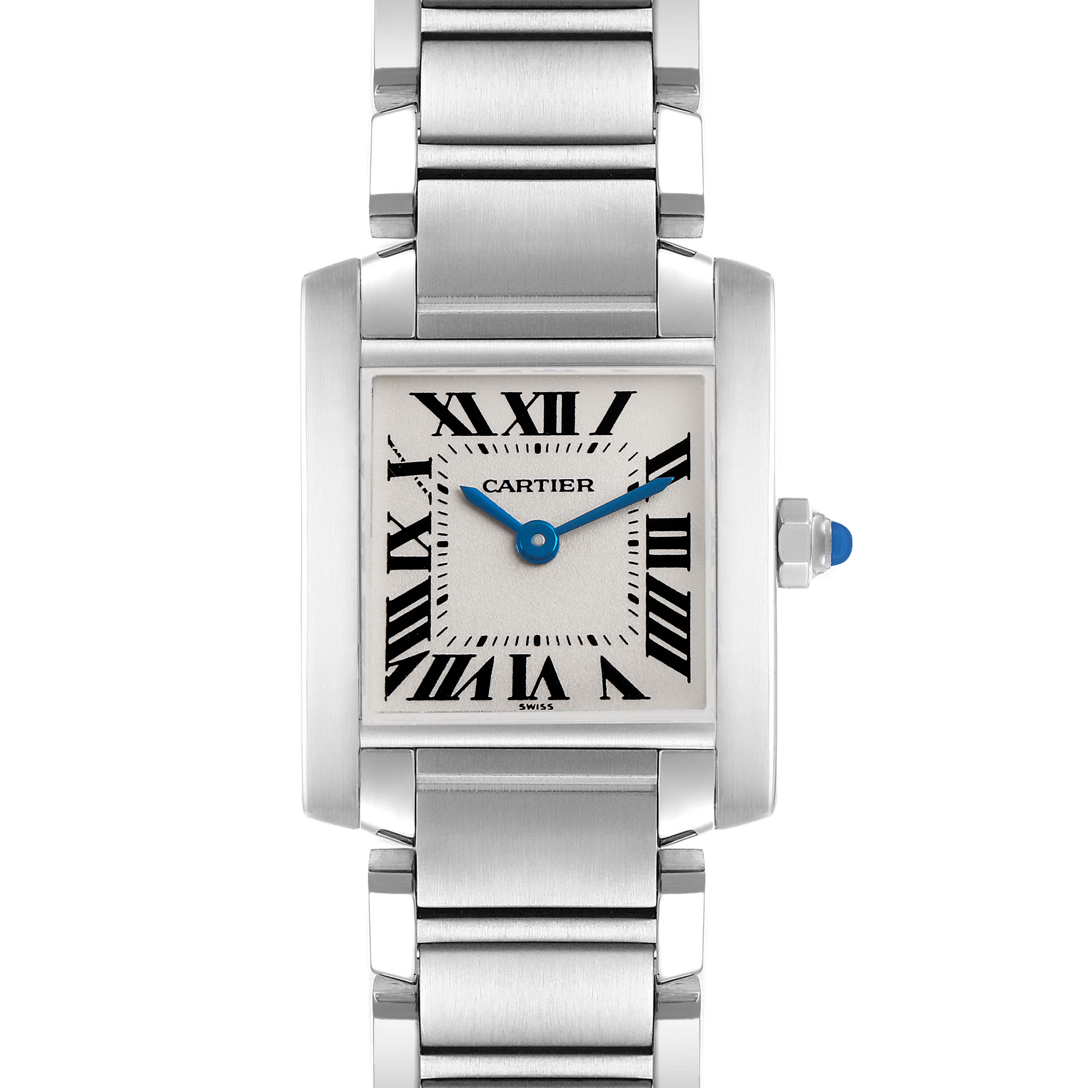 The Cartier Tank Française watch is shown from the front, highlighting its face, Roman numerals, and stainless steel bracelet.