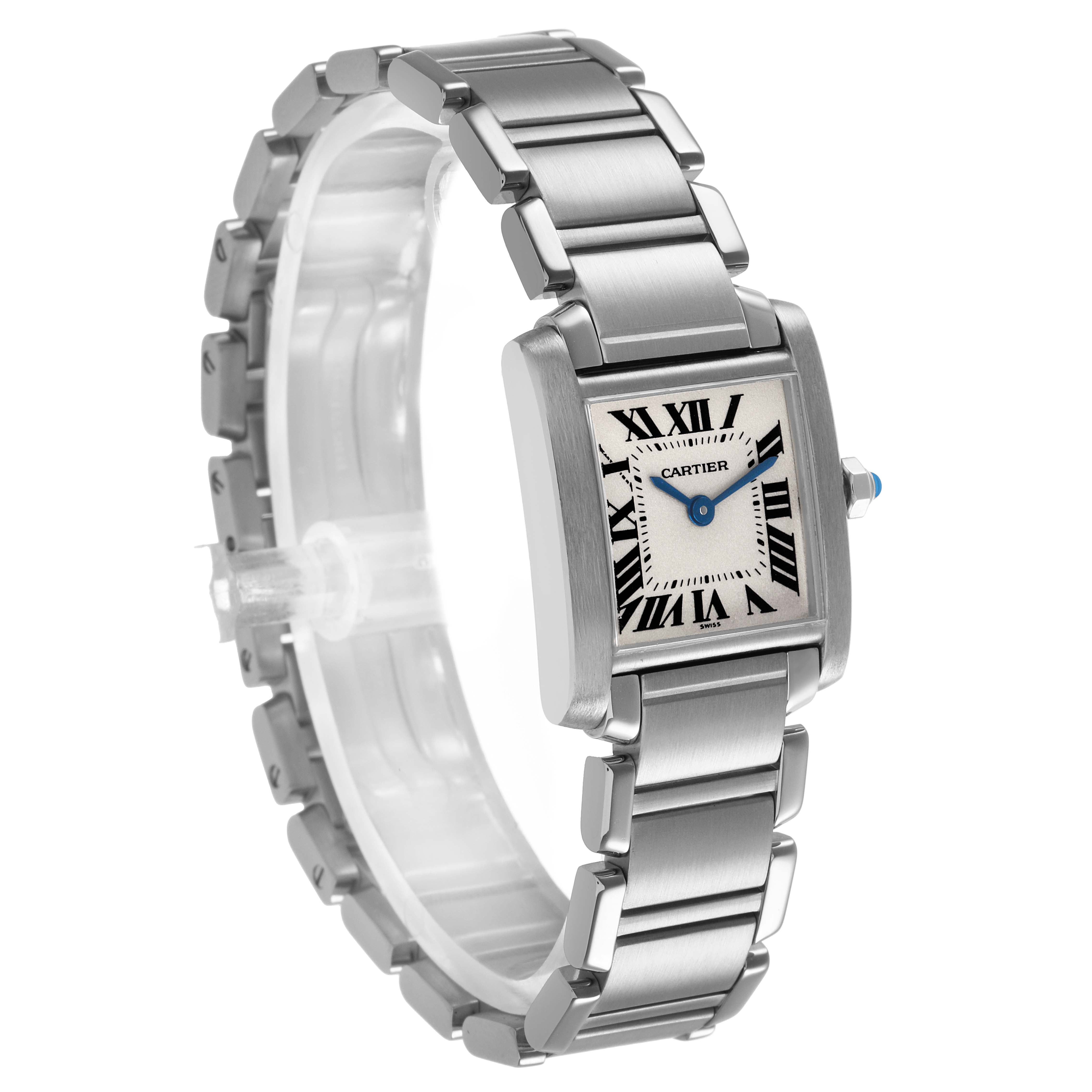 The Cartier Tank Francaise W51008Q3 Women's Stainless Steel Silver Dial watch is shown at a front-left angle, displaying its rectangular face and metal bracelet.
