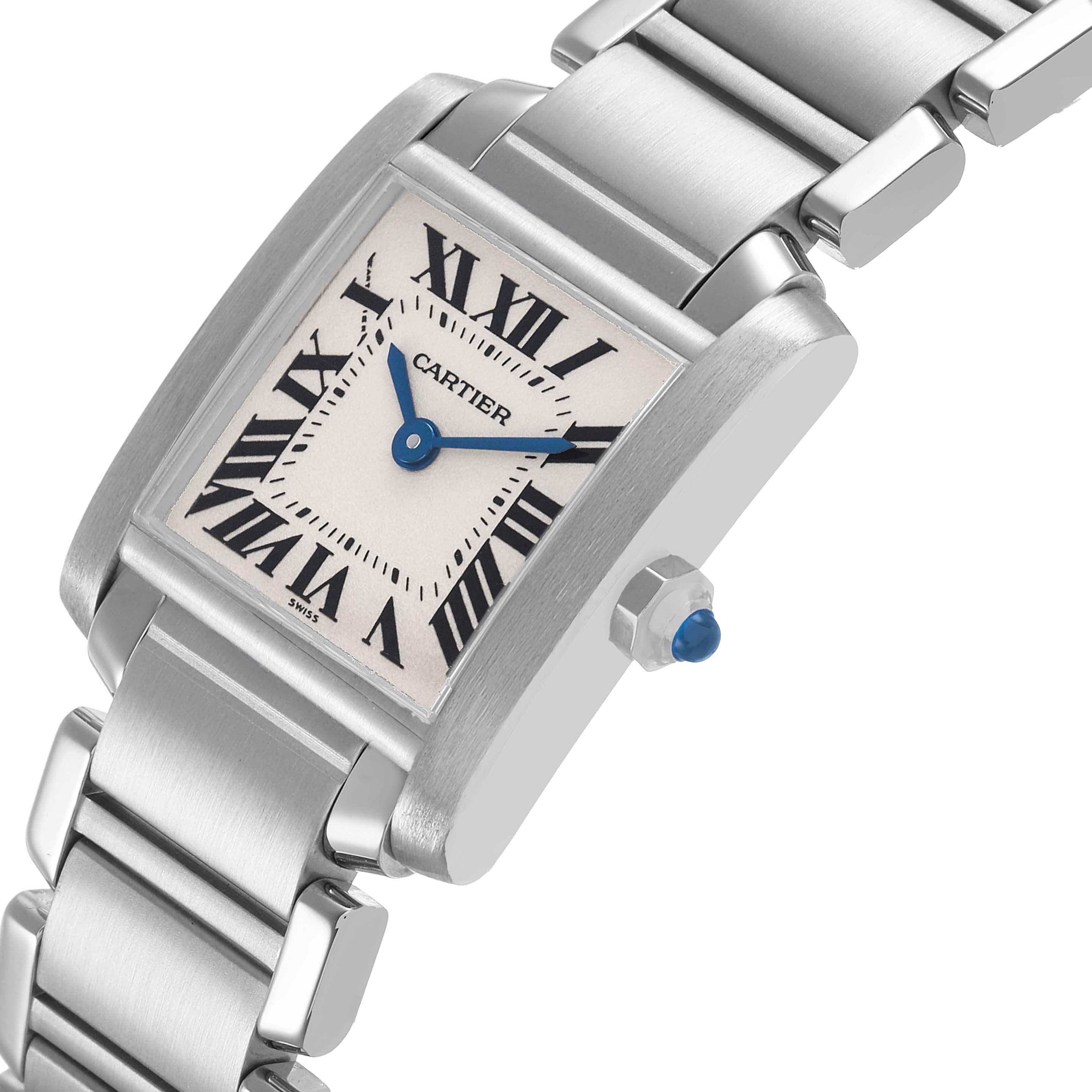 The Cartier Tank Francaise W51008Q3 Womens Stainless Steel Silver Dial watch is shown from a three-quarter angle, highlighting the face, bracelet, and crown.