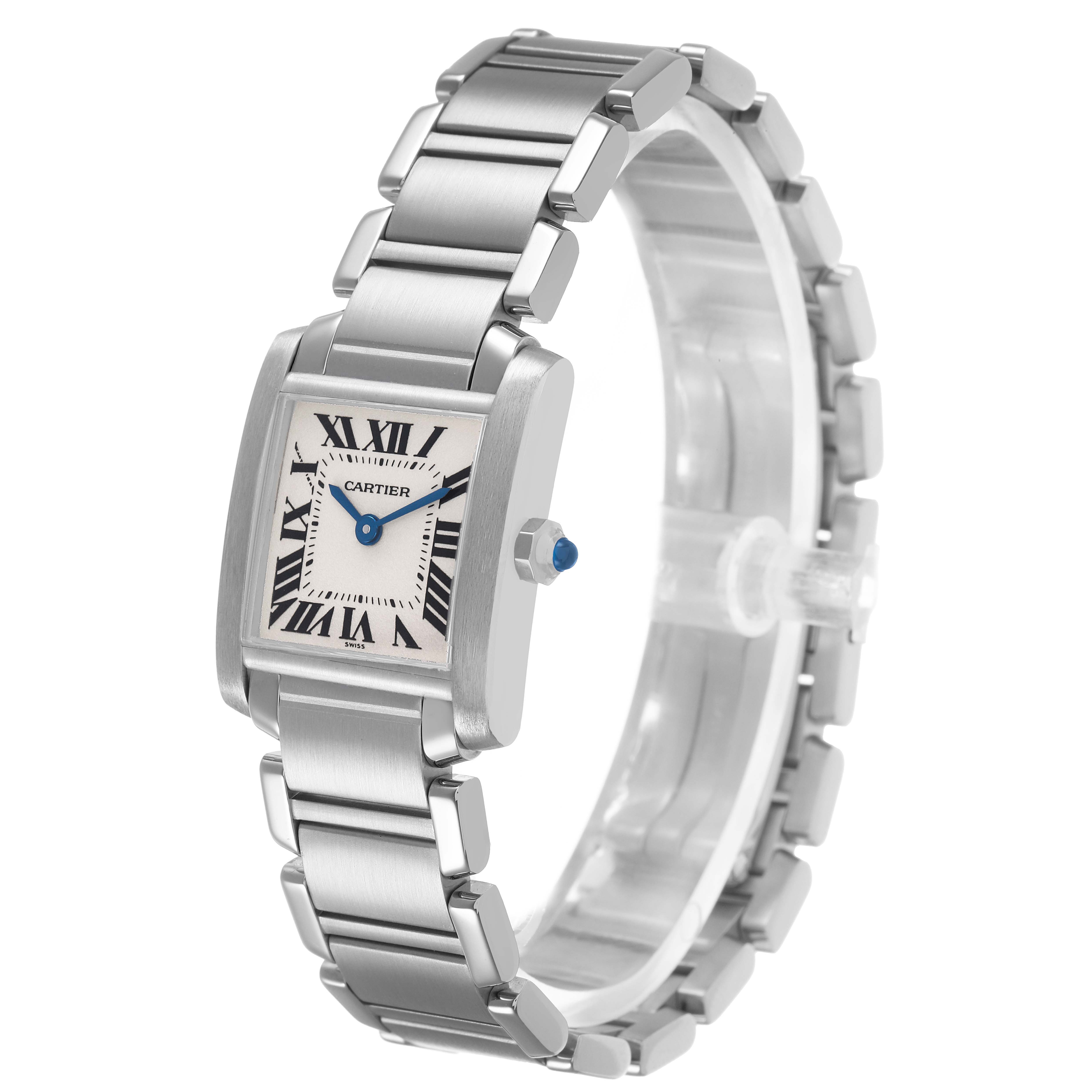 The Cartier Tank Francaise W51008Q3 Womens Stainless Steel Silver Dial watch is shown from an angled side view, highlighting the face, bracelet, and crown.