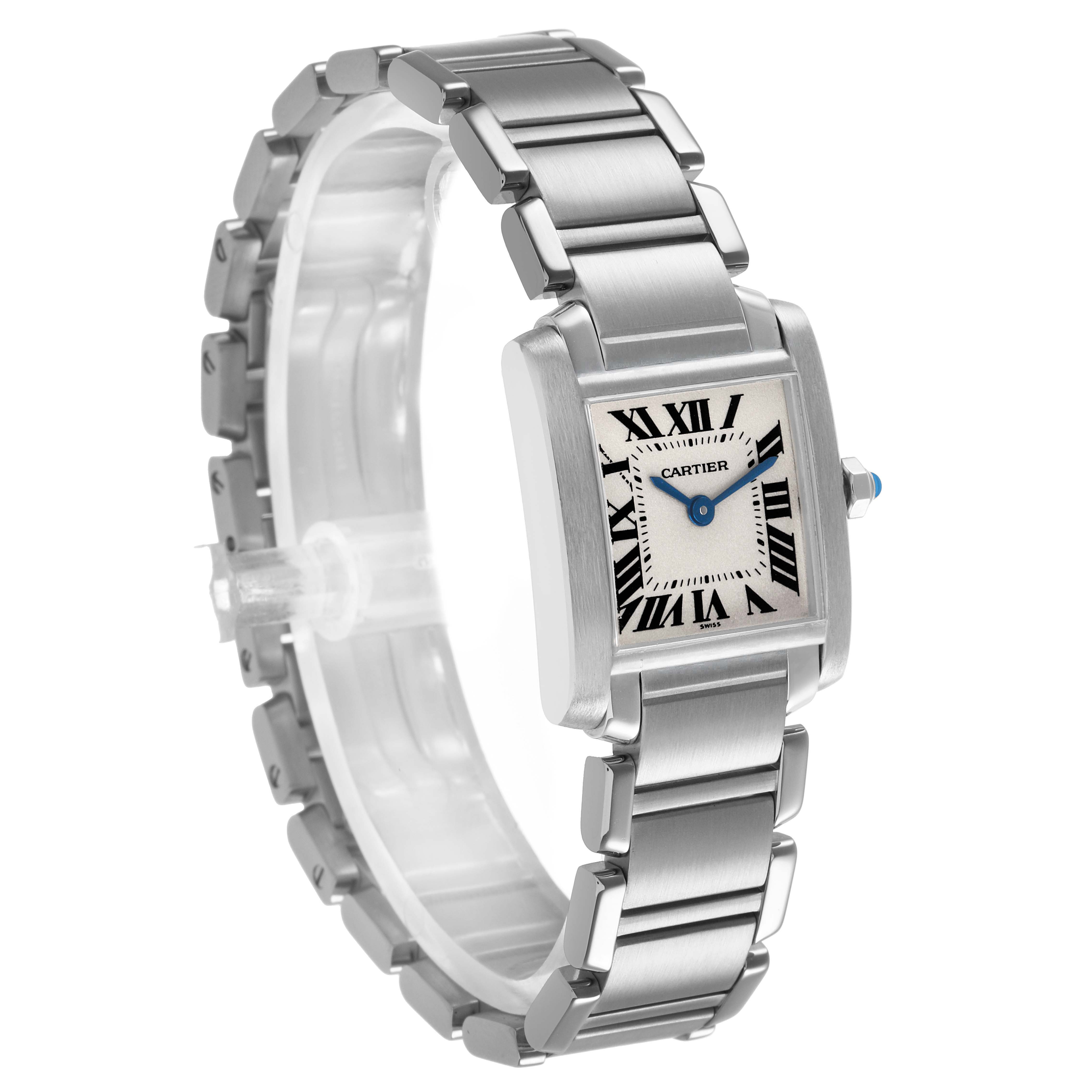 The Cartier Tank Française watch is shown at a three-quarter angle, highlighting the face, bracelet, and crown.