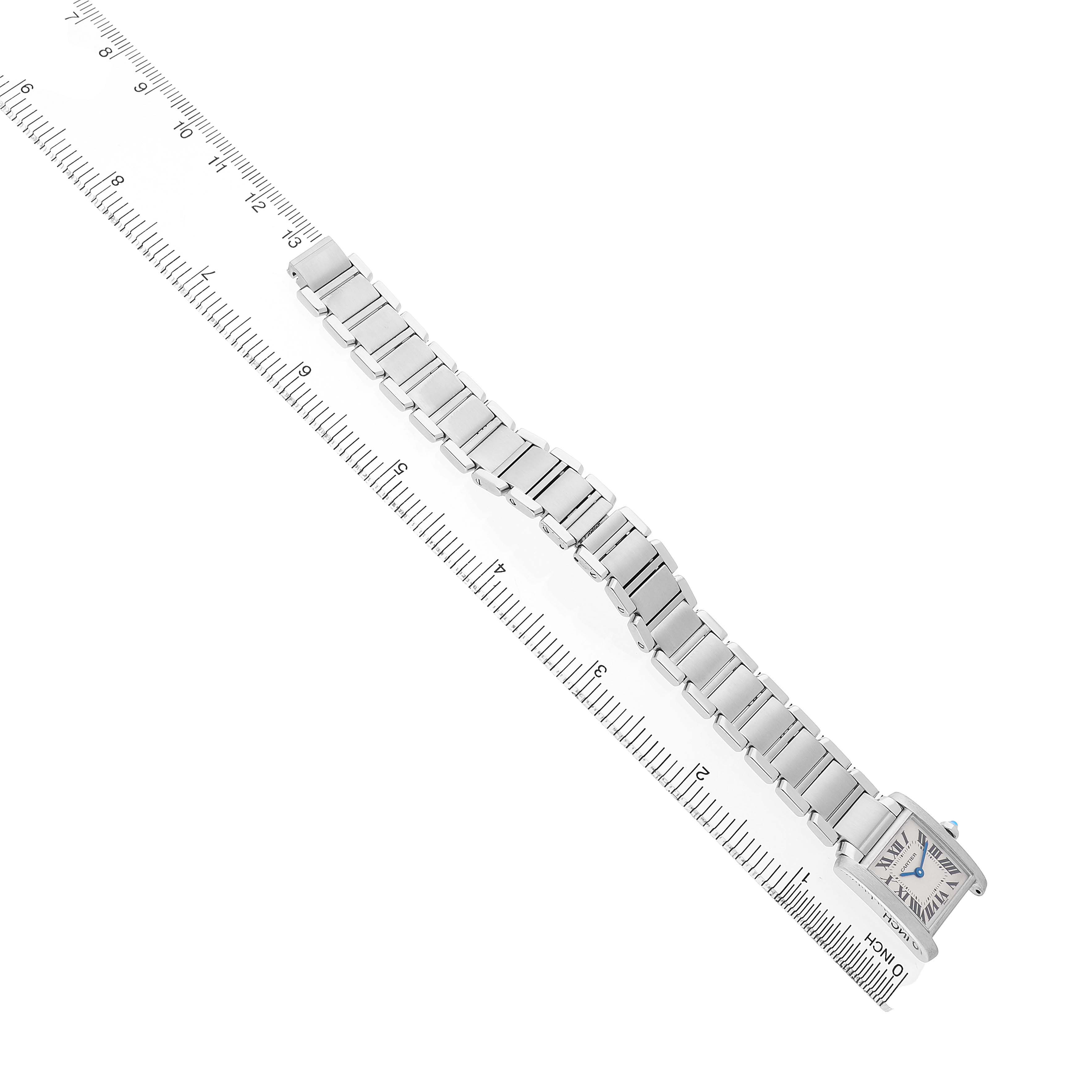 The Cartier Tank Francaise W51008Q3 Women's Stainless Steel Silver Dial watch is displayed diagonally with its full bracelet and rectangular face visible.