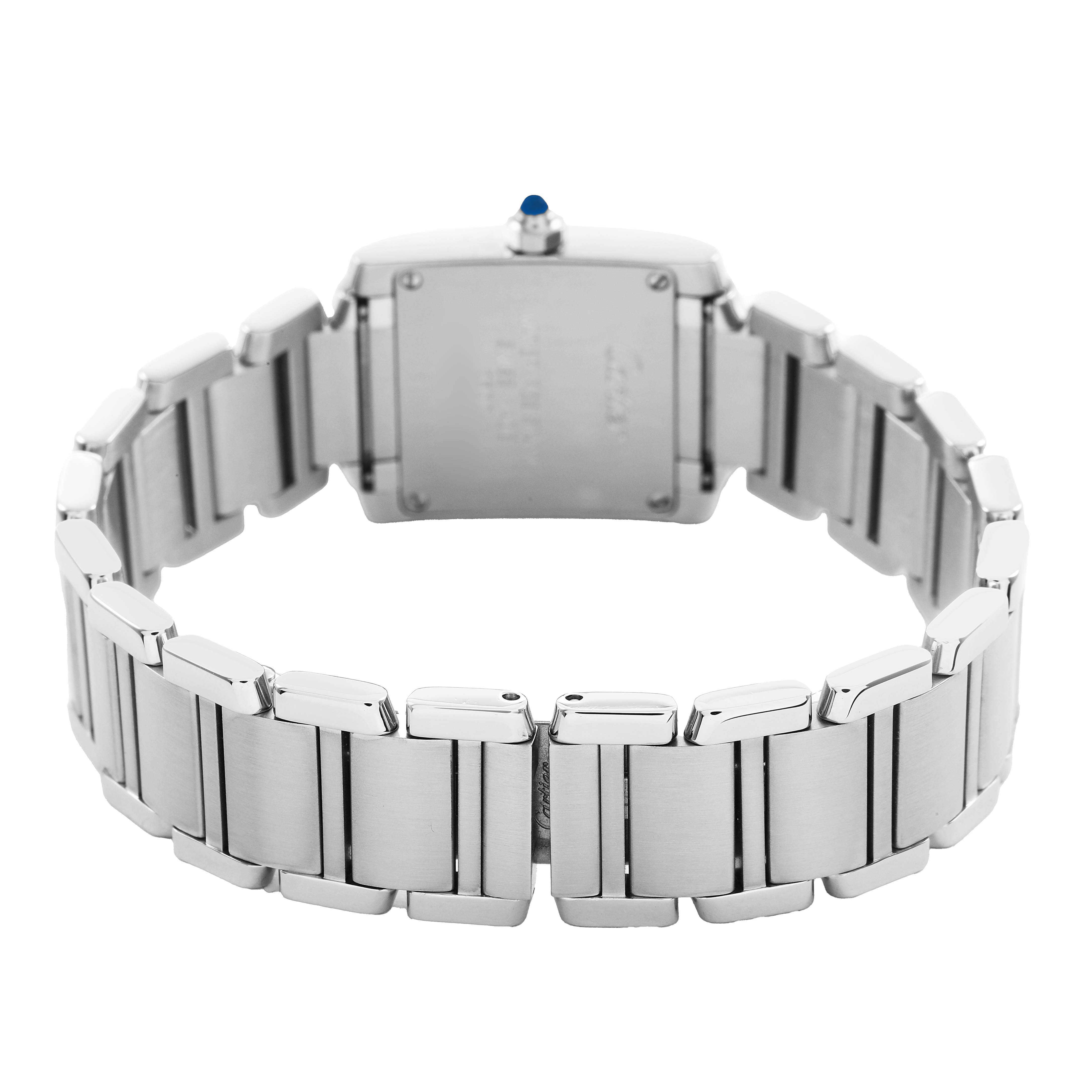 The image shows the back view of the Cartier Tank Francaise W51008Q3 Women's Stainless Steel Silver Dial watch, highlighting the bracelet and case back.