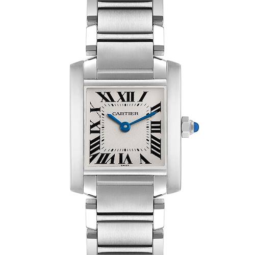The Cartier Tank Francaise W51008Q3 Women's Stainless Steel Silver Dial watch is shown from a front view, highlighting the square face, Roman numerals, blue hands, and metal bracelet.