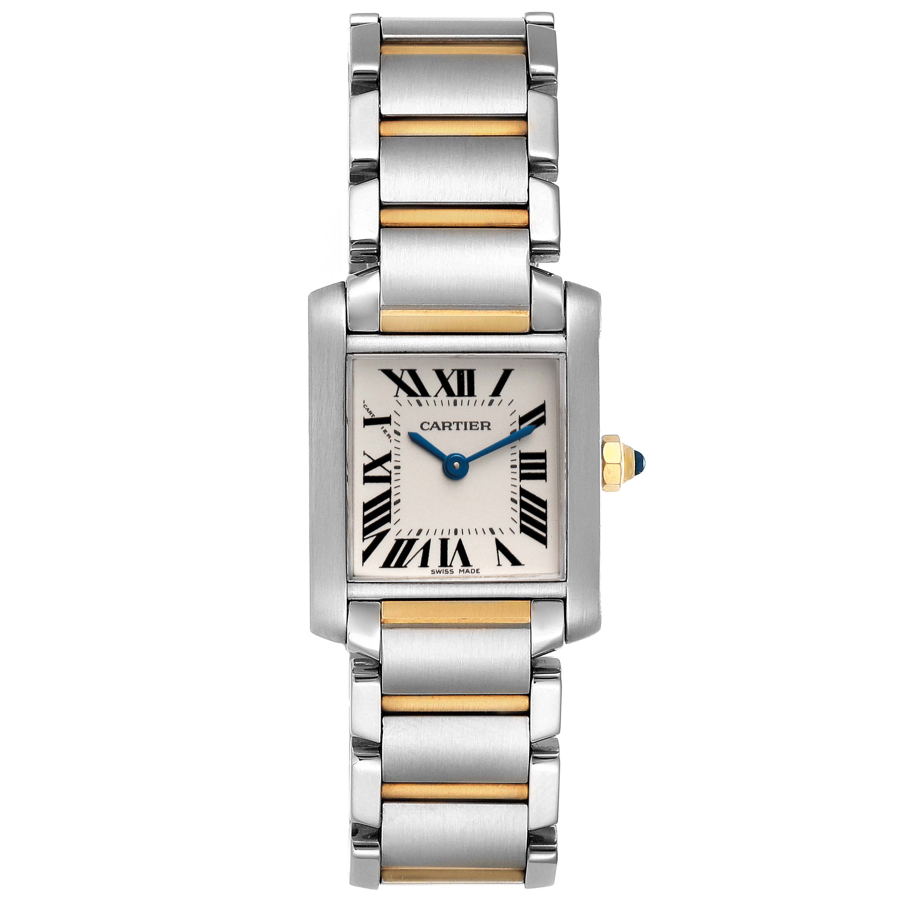 The image shows a front view of a Cartier Tank Française watch, highlighting its rectangular face, Roman numerals, and two-tone metal bracelet.