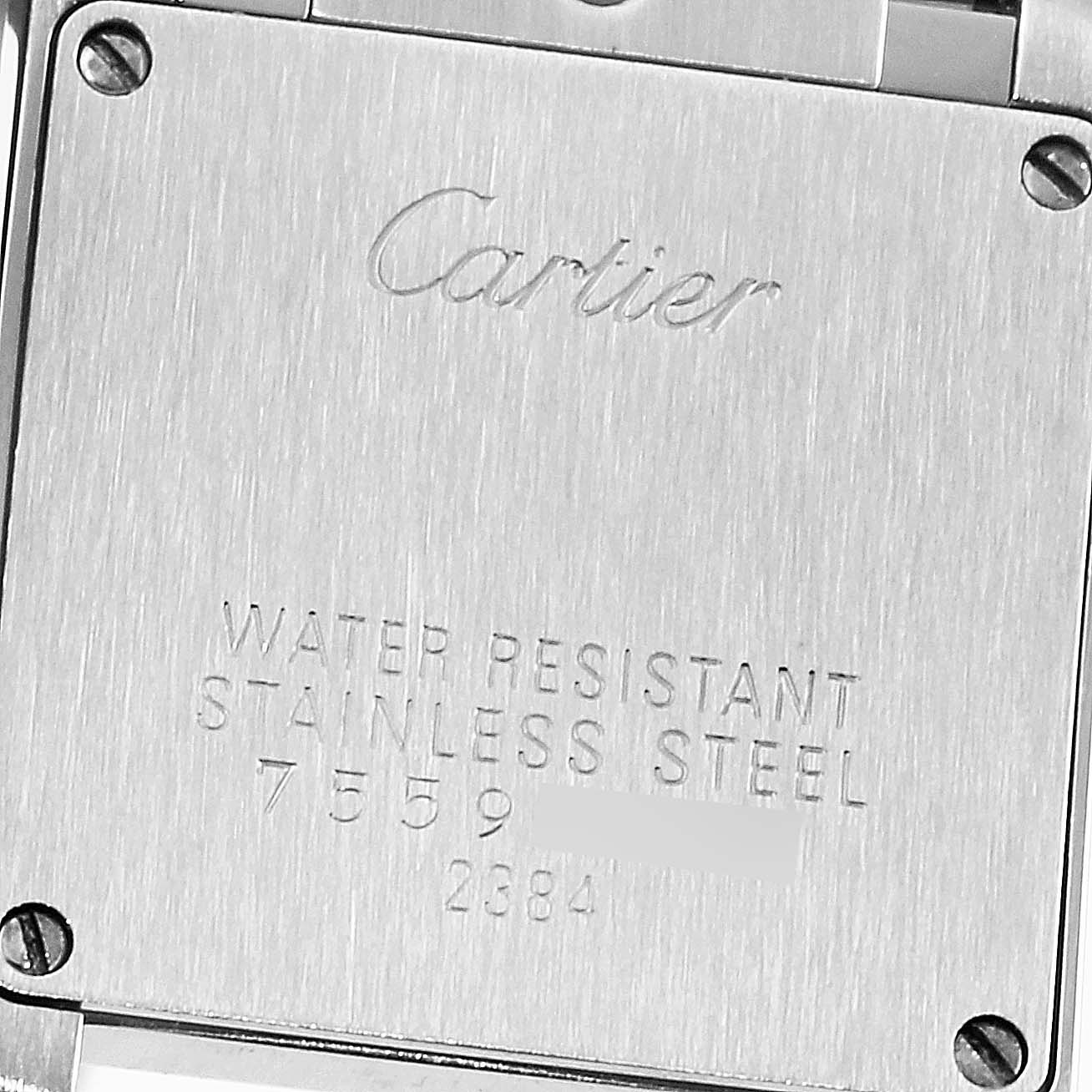 This image shows the back case of a Tank Francaise model by Cartier, highlighting the brand name, material, and water resistance.