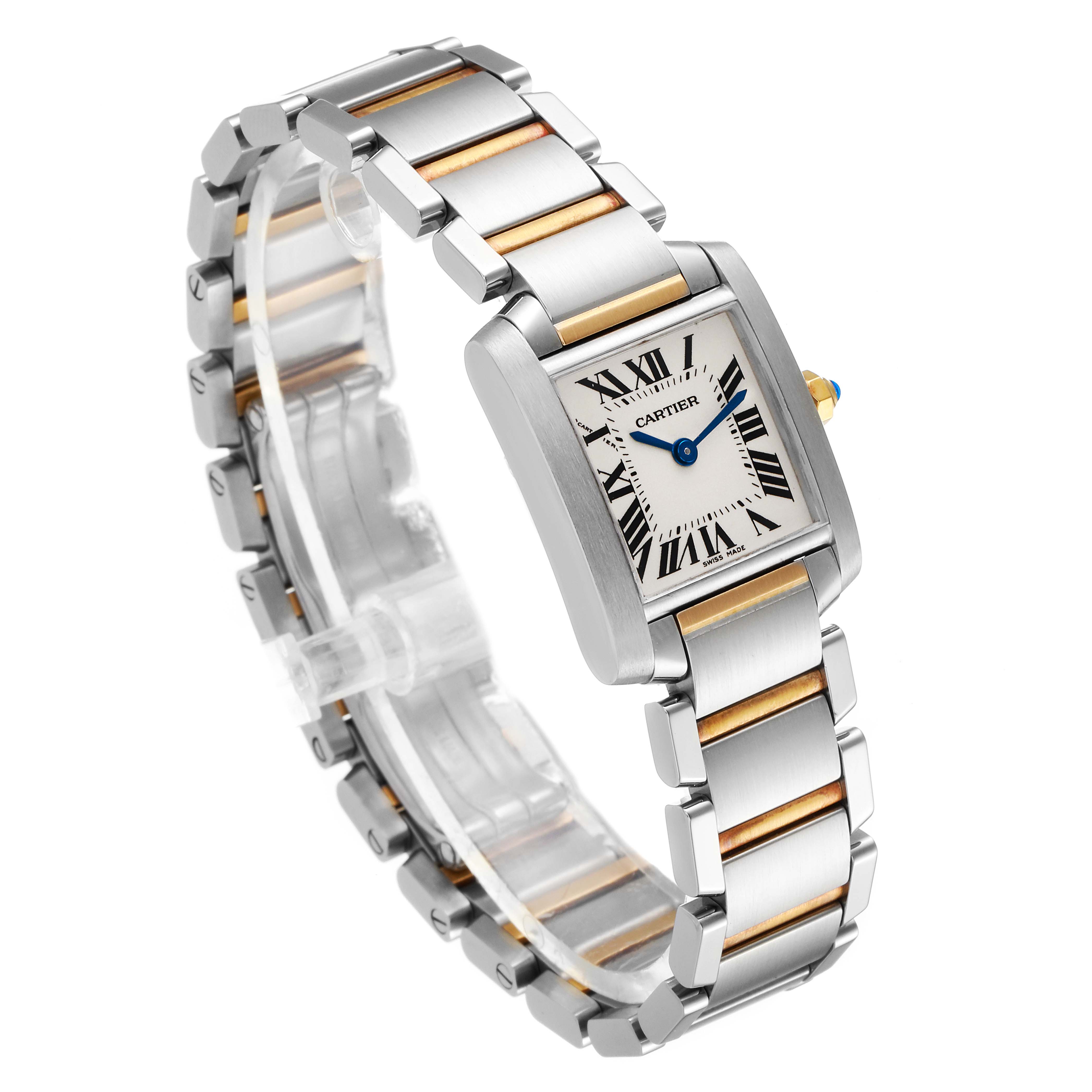 The image shows a Cartier Tank Francaise W51007Q4 Women's Steel and Gold (two tone) Silver Dial W51007Q4 Women's Steel and Gold (two tone) Silver Dial watch at a three-quarter angle, highlighting the face, bracelet, and crown.