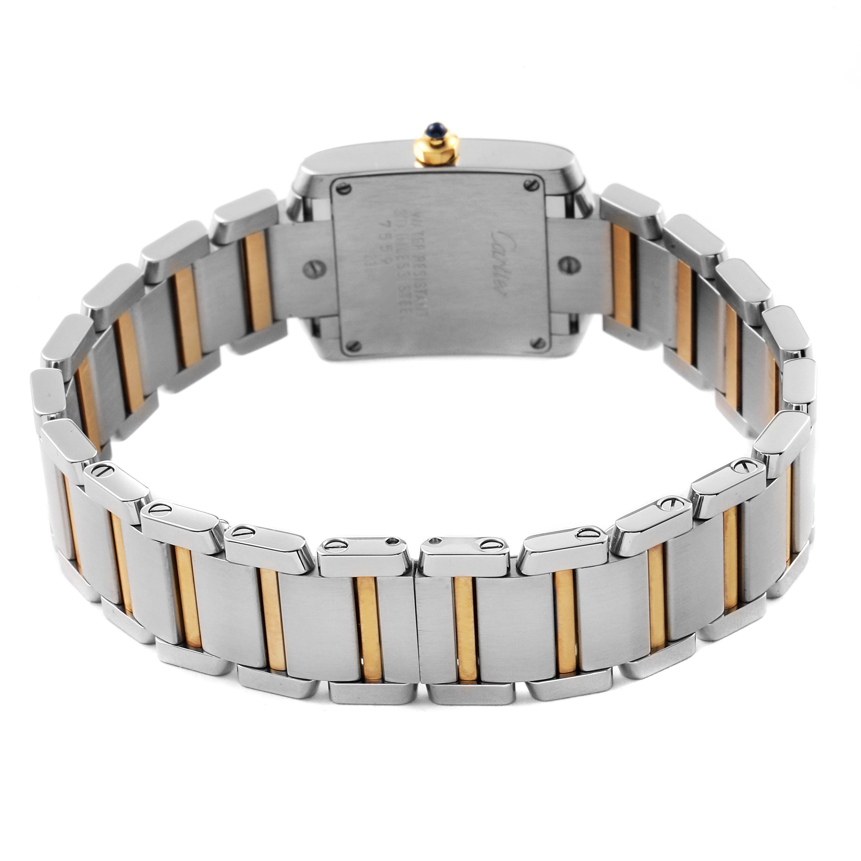 Rear view of the Tank Française by Cartier showing the back case and two-tone metal bracelet.