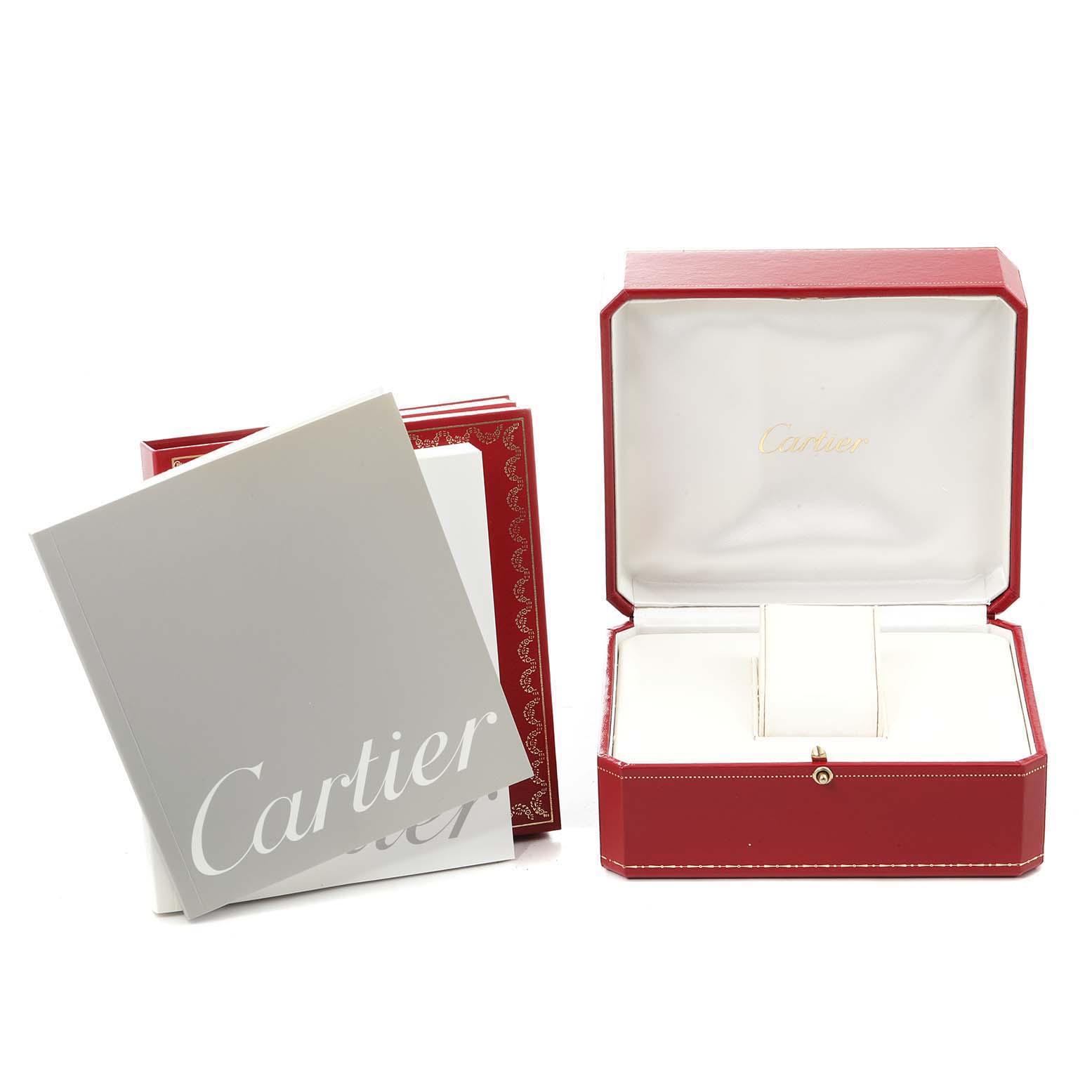 The Cartier Tank Francaise W51007Q4 Women's Steel and Gold (two tone) Silver Dial W51007Q4 Women's Steel and Gold (two tone) Silver Dial watch accessories shown include an open red watch box and accompanying booklets.