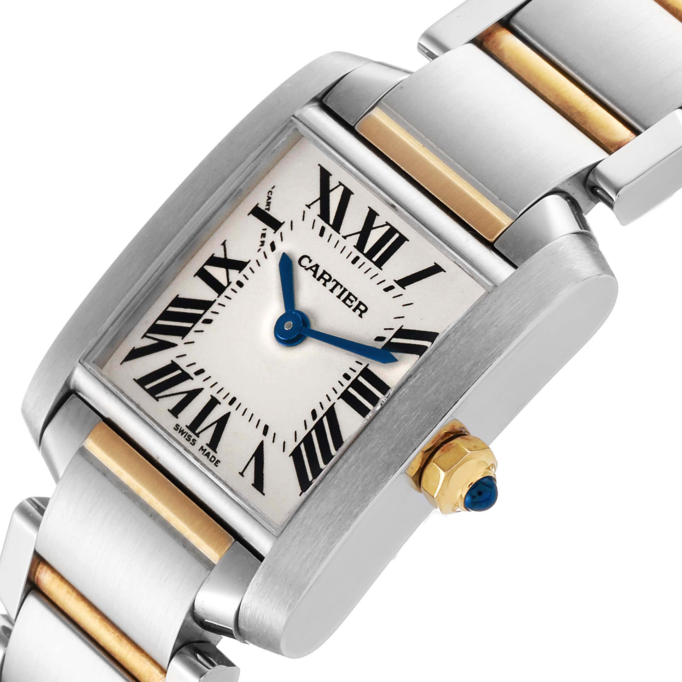 The image shows a close-up of the Cartier Tank Francaise W51007Q4 Women's Steel and Gold (two tone) Silver Dial W51007Q4 Women's Steel and Gold (two tone) Silver Dial watch face and part of its metal bracelet.