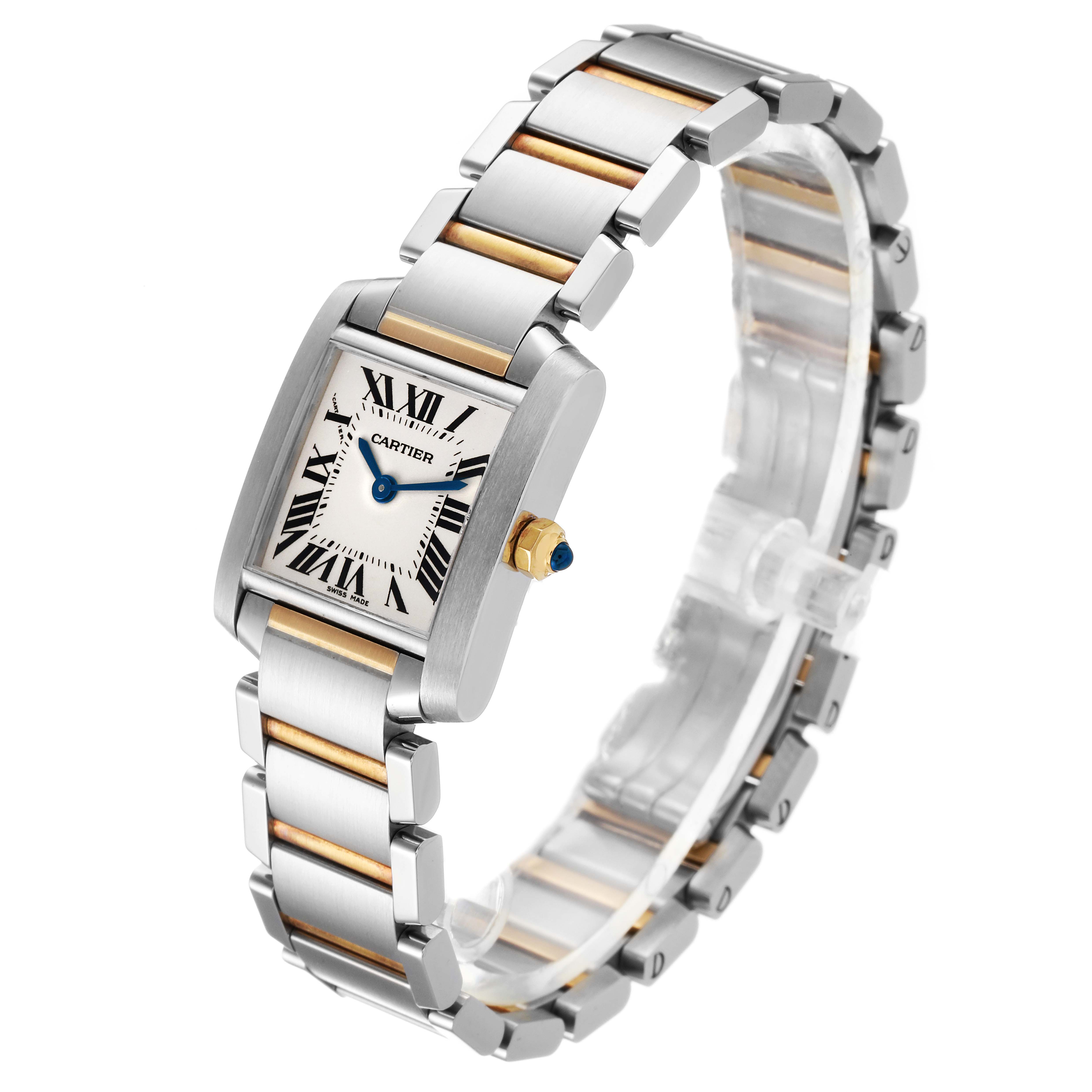 The image shows a Cartier Tank Francaise W51007Q4 Women's Steel and Gold (two tone) Silver Dial W51007Q4 Women's Steel and Gold (two tone) Silver Dial watch at a three-quarter angle, highlighting its two-tone bracelet and rectangular face.
