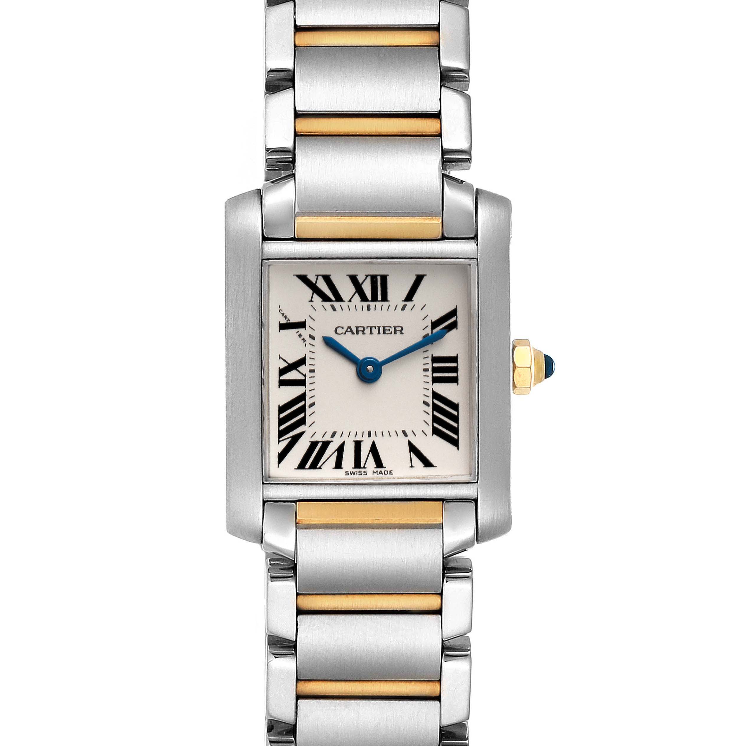This Cartier Tank Francaise W51007Q4 Women's Steel and Gold (two tone) Silver Dial W51007Q4 Women's Steel and Gold (two tone) Silver Dial watch is shown from the front, displaying its rectangular face, Roman numerals, blue hands, and two-tone metallic band.