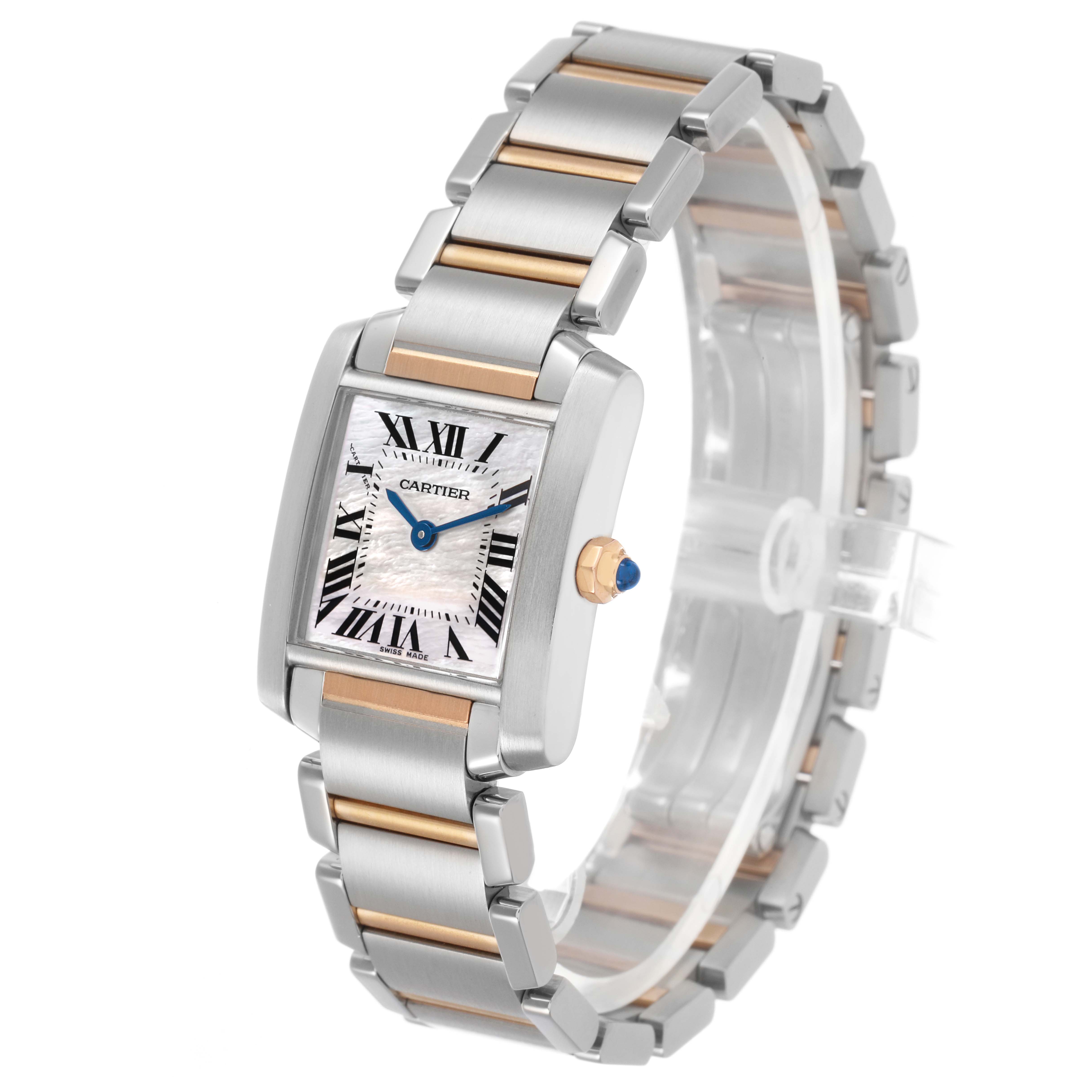 The Cartier Tank Francaise W51027Q4 Women's Steel and Gold (two tone) Mother of Pearl Dial watch is shown at a slight angle, highlighting its face, bracelet, and crown.