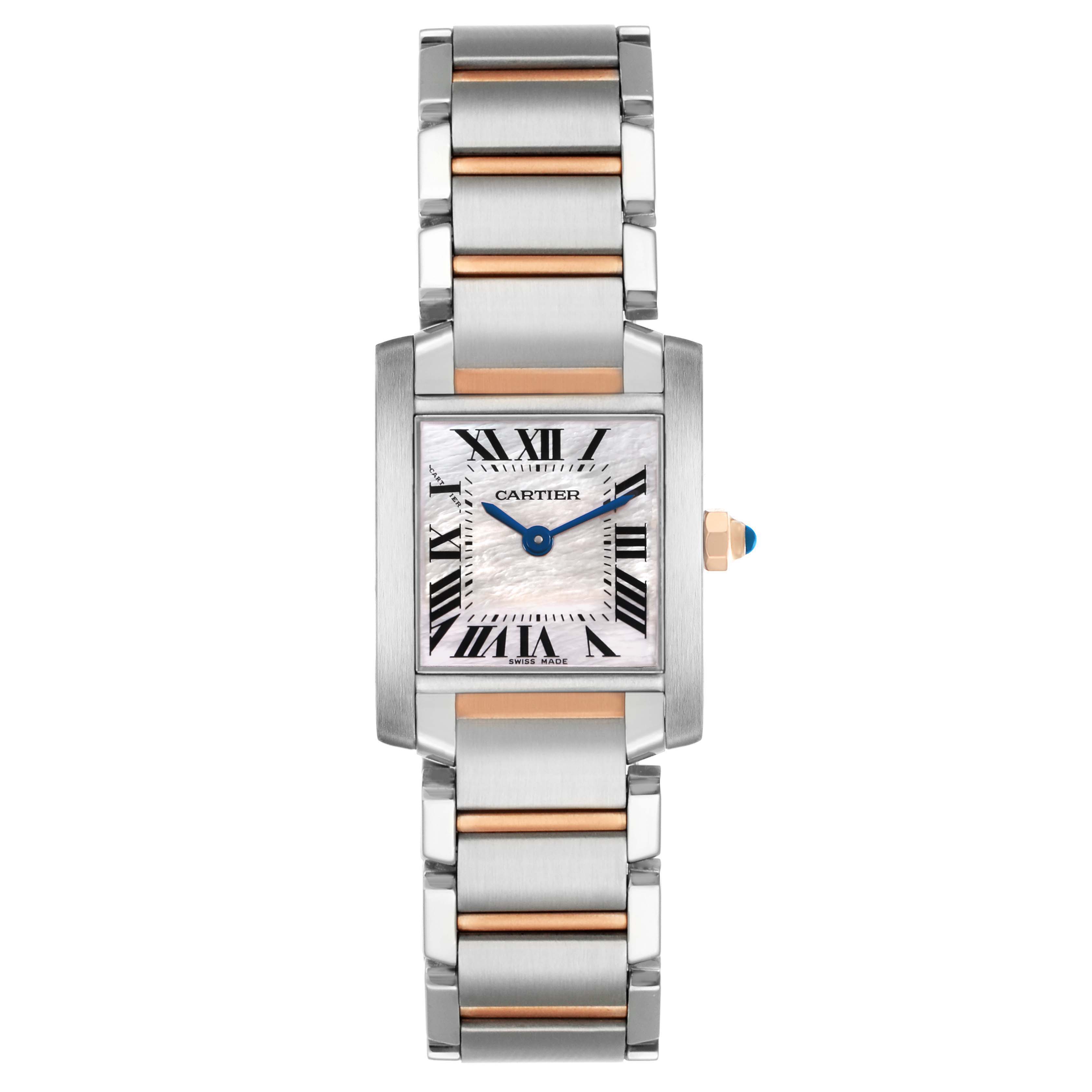 The Cartier Tank Française watch is shown front-on, displaying the bracelet and rectangular dial with Roman numerals.