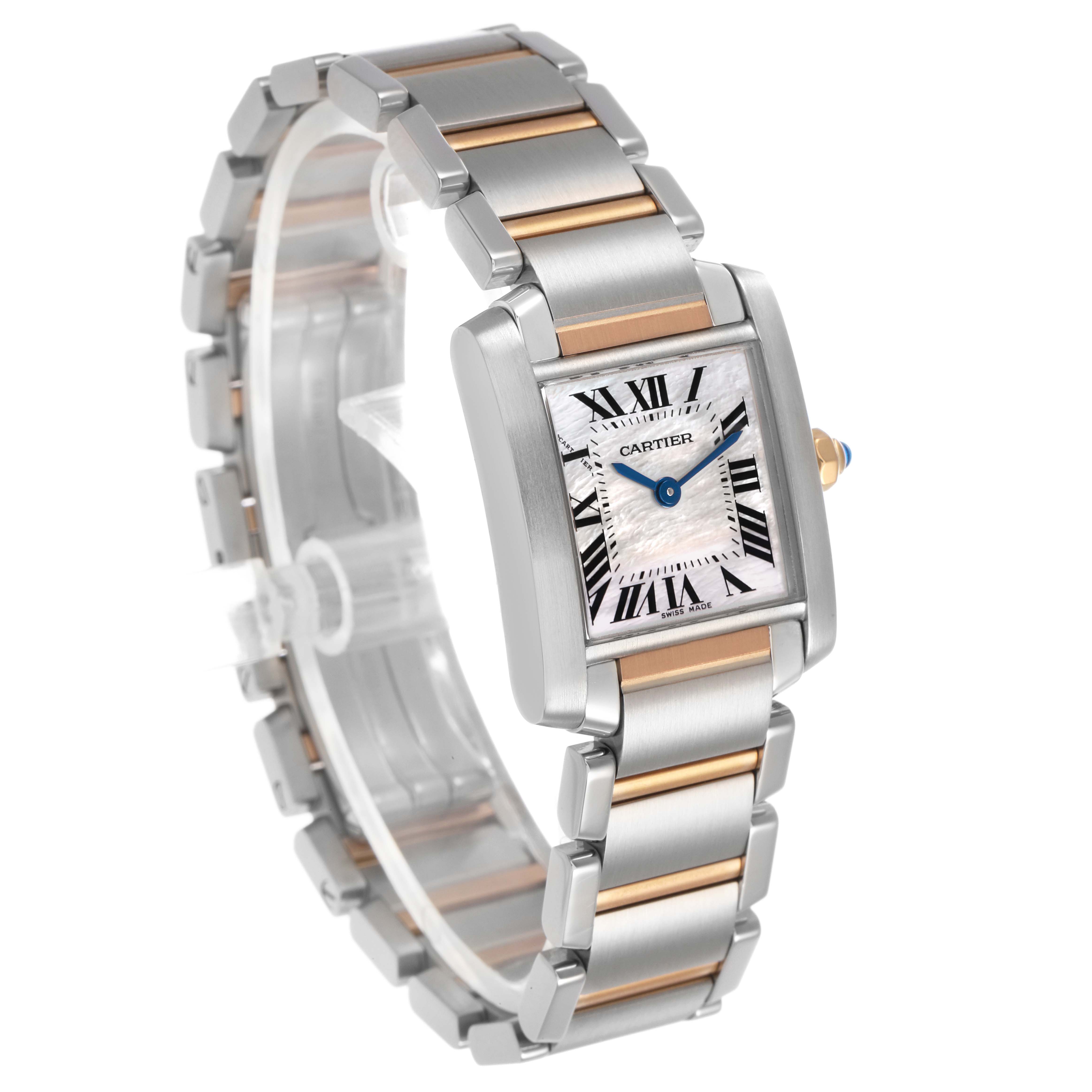 The Cartier Tank Francaise W51027Q4 Women's Steel and Gold (two tone) Mother of Pearl Dial watch is shown at an angled view, highlighting the dial, bracelet, and crown.