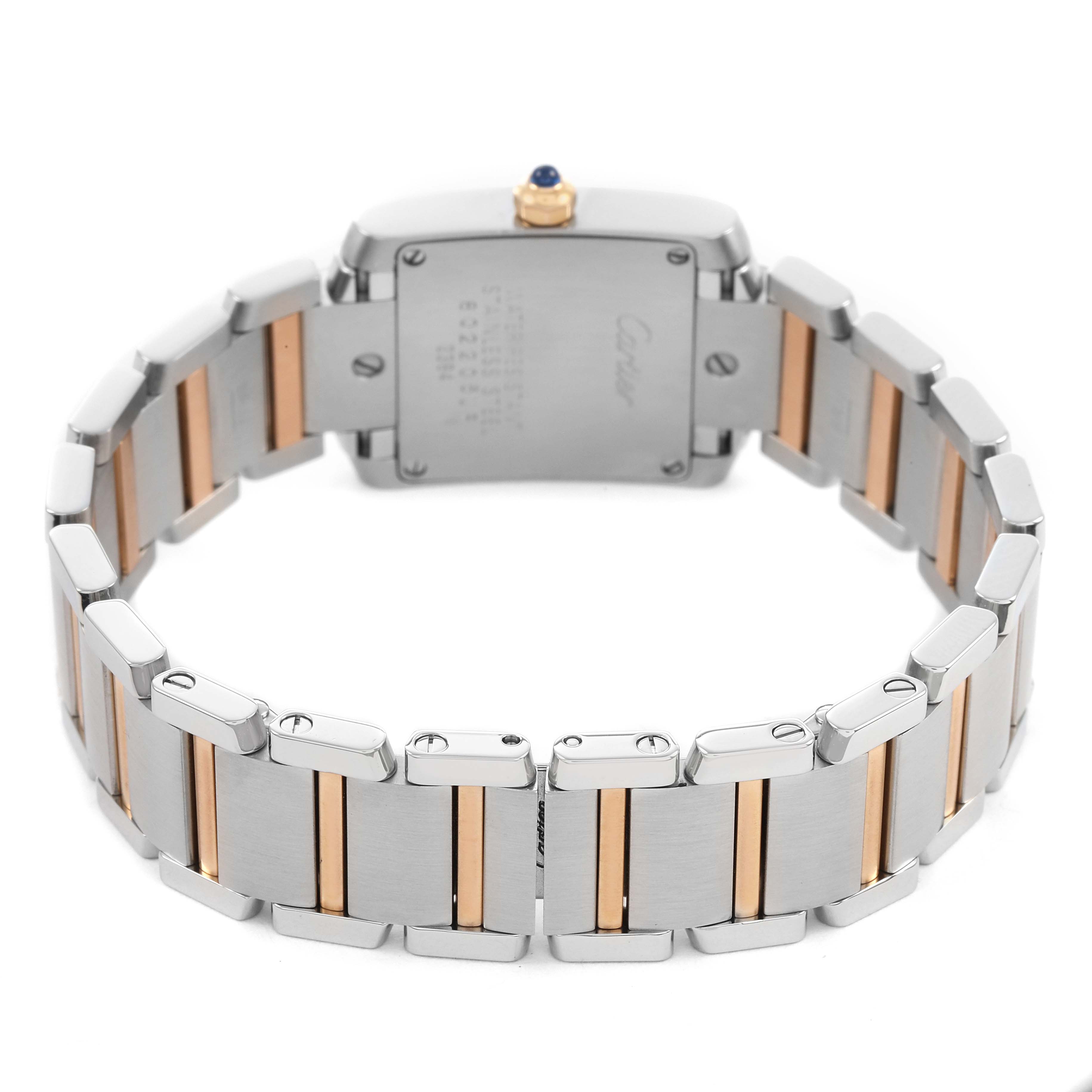 The image shows the back view of the Cartier Tank Française watch, highlighting its stainless steel and gold bracelet.