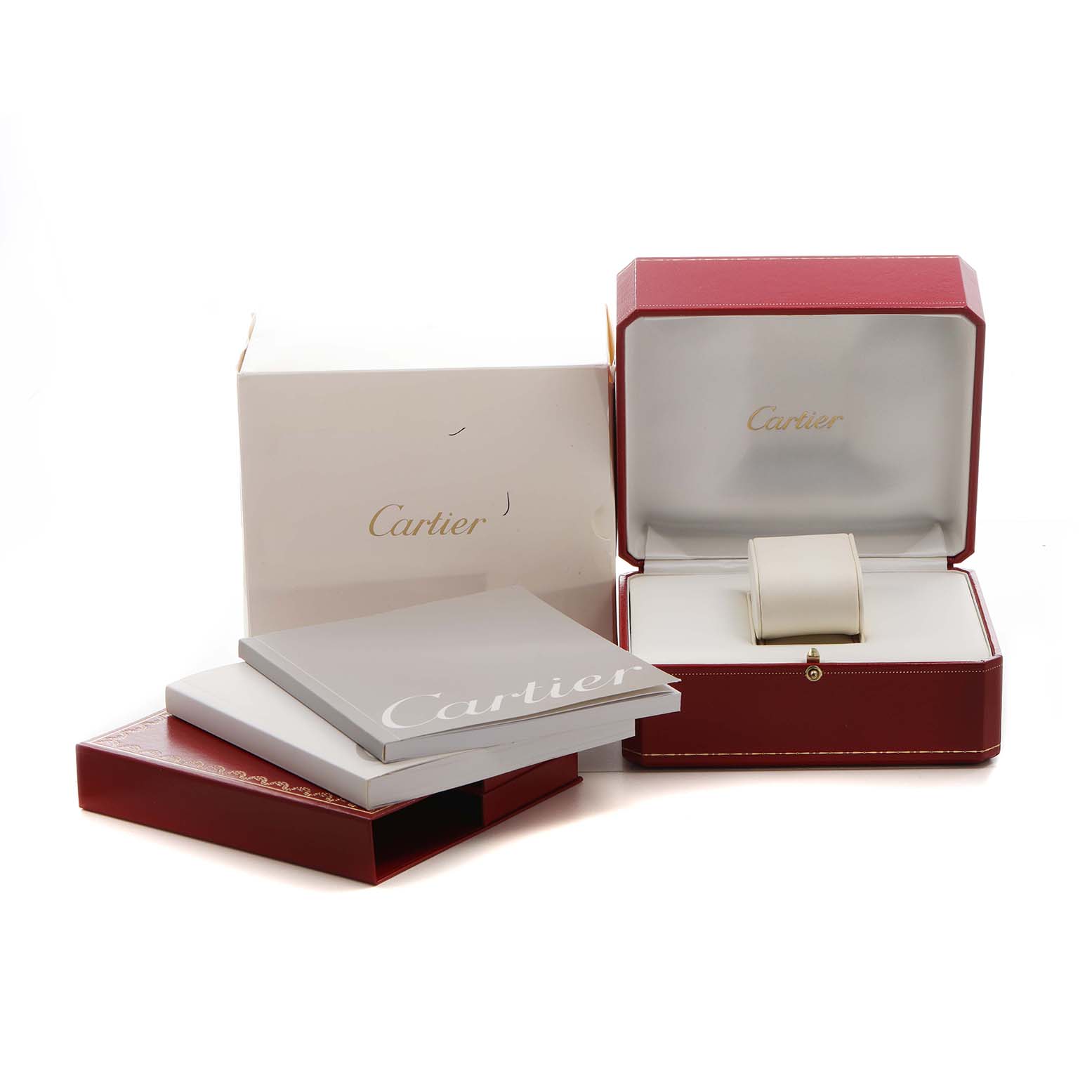 The image shows the Cartier Tank Francaise W51027Q4 Women's Steel and Gold (two tone) Mother of Pearl Dial watch packaging, including the red case, outer box, and manuals.