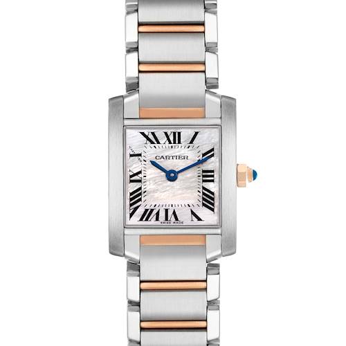 This Cartier Tank Francaise W51027Q4 Women's Steel and Gold (two tone) Mother of Pearl Dial watch is shown from the front, displaying the face, Roman numerals, bracelet, and crown detail.