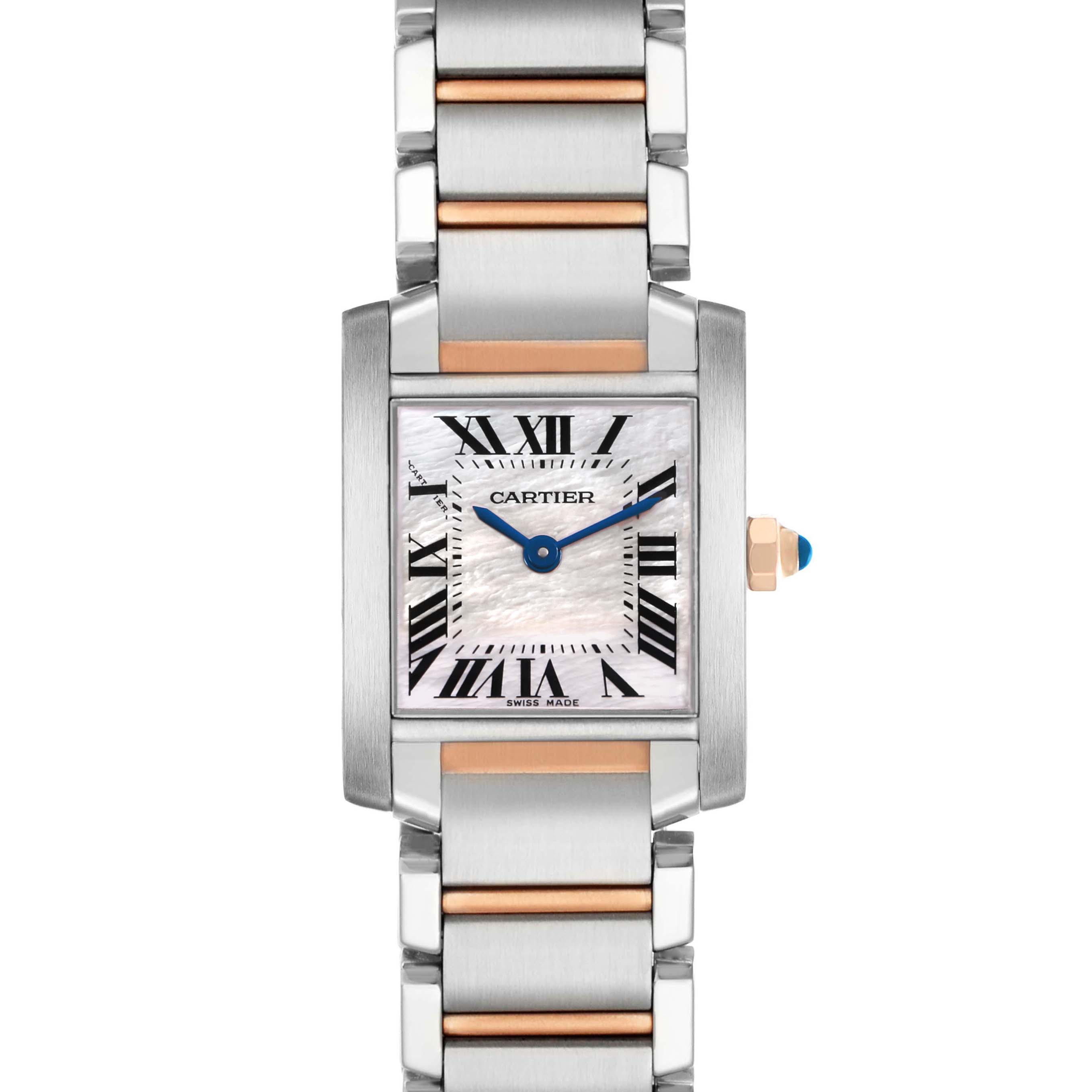 The Cartier Tank Française watch is shown from a front view, highlighting its square face, Roman numerals, and two-tone bracelet.