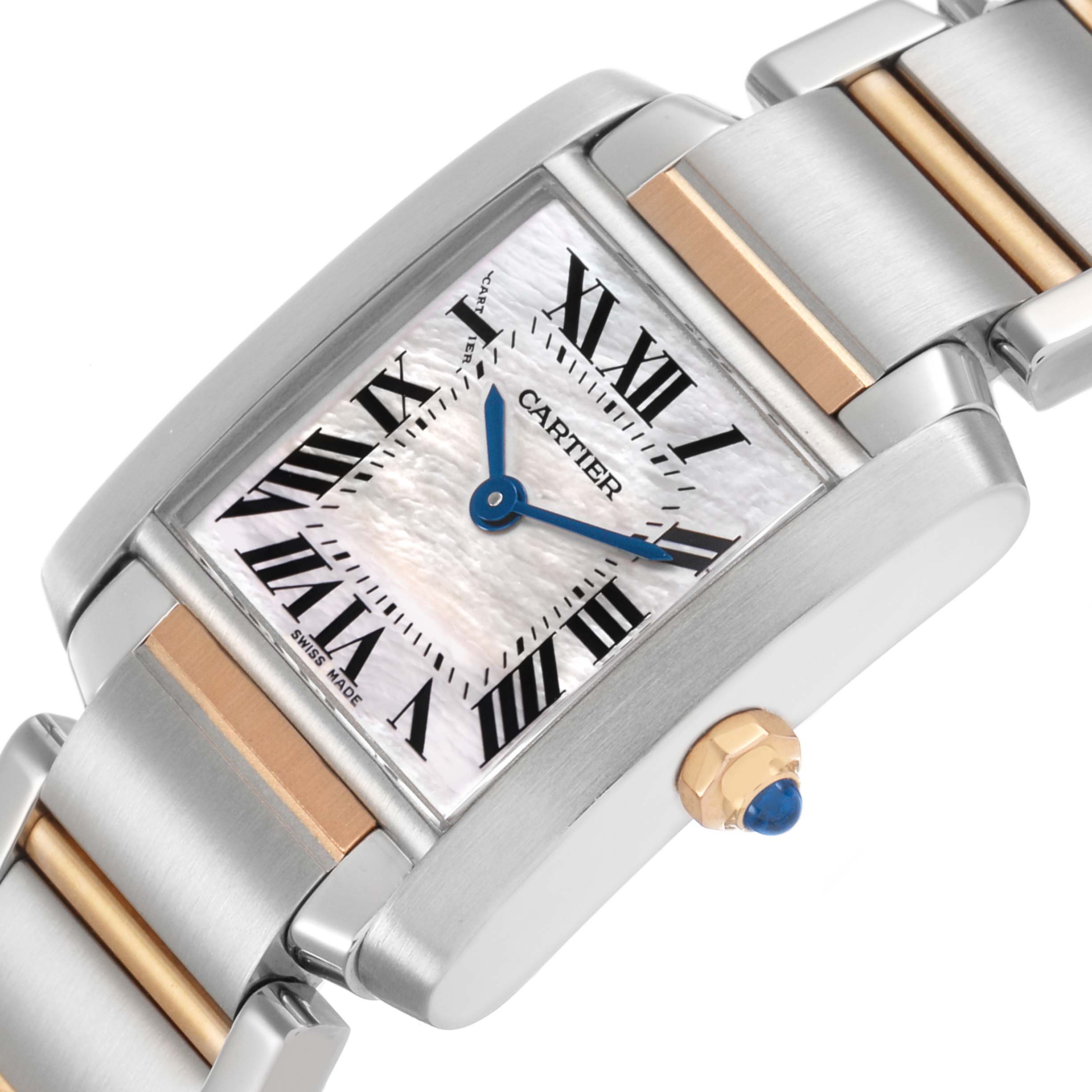 The Cartier Tank Française watch is shown at an angled view, highlighting the dial, crown, and two-tone bracelet.
