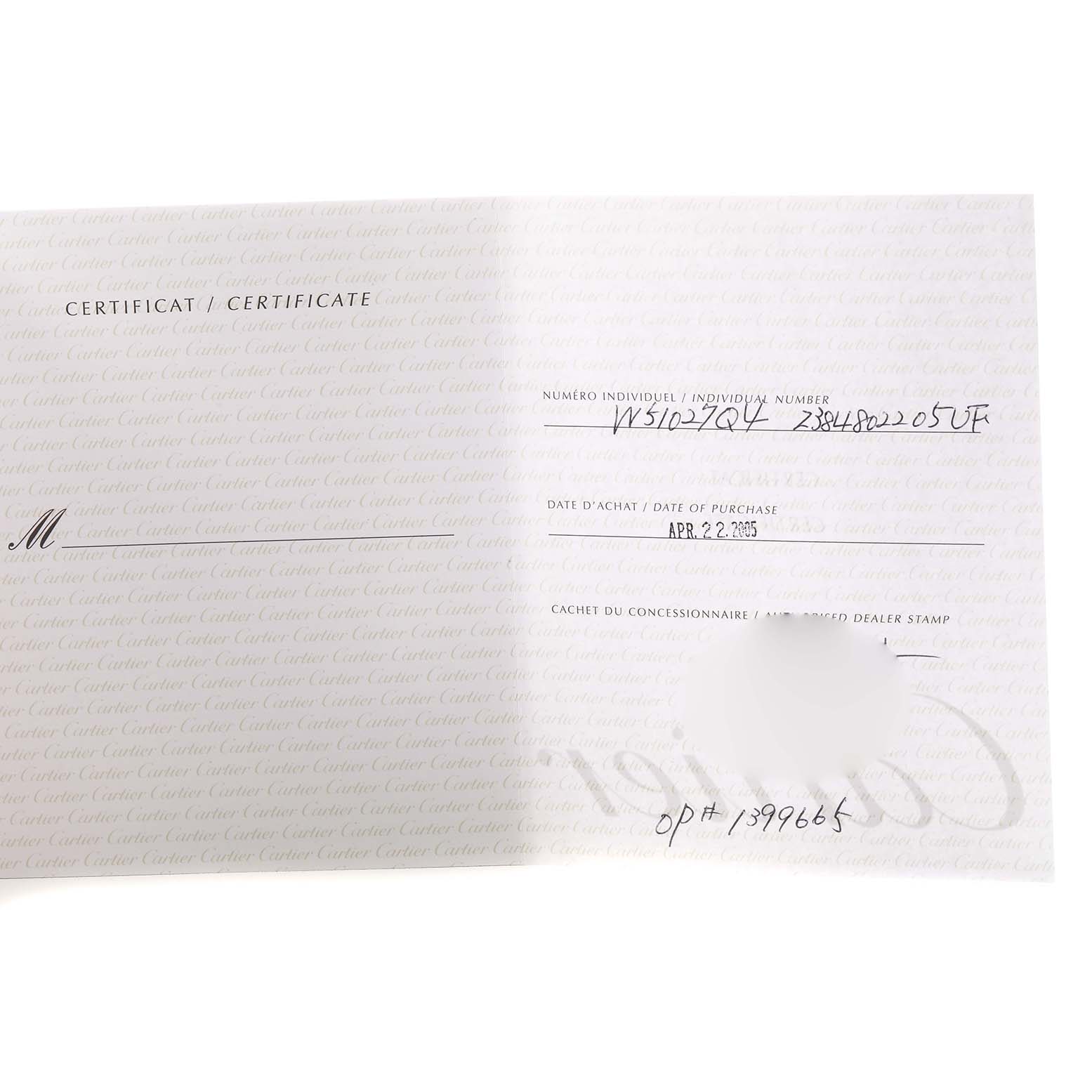 This image shows a certificate for the Cartier Tank Francaise W51027Q4 Women's Steel and Gold (two tone) Mother of Pearl Dial watch, displaying purchase details.