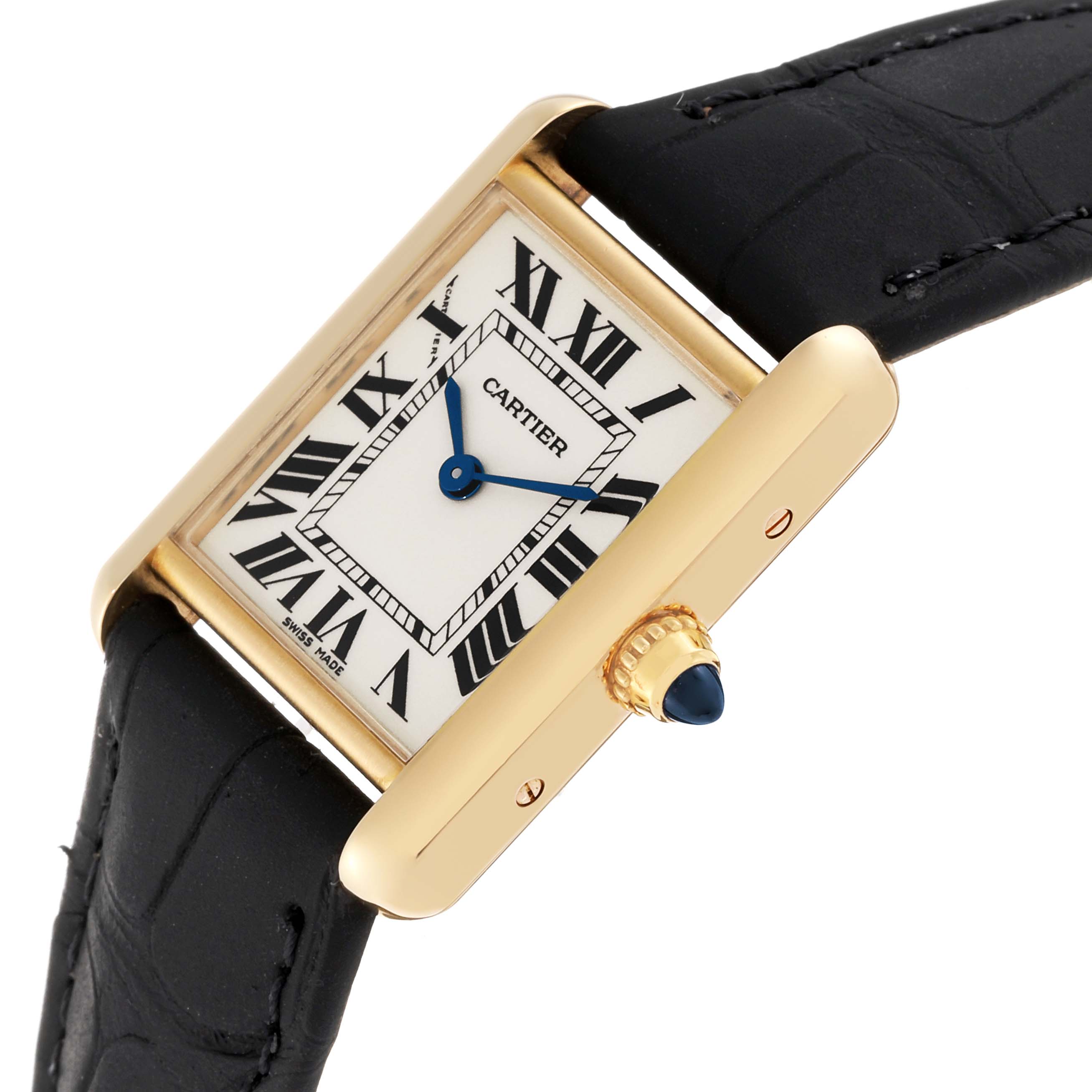 The image shows a Tank Louis Cartier watch from an angled side view, highlighting its dial, crown, and black leather strap.
