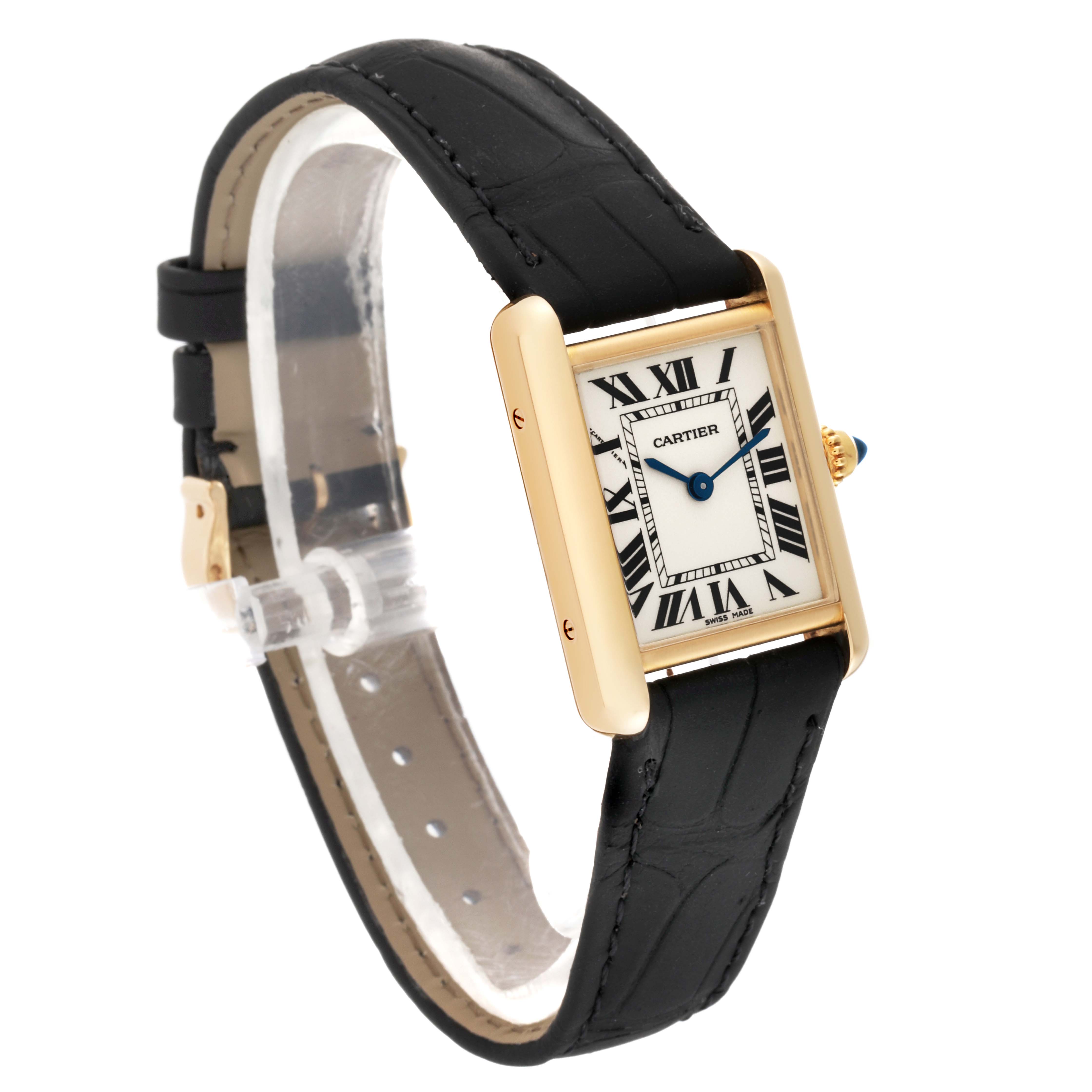 The Cartier Tank Louis W1529856 Women's Yellow Gold Silver Dial W1529856 Women's Yellow Gold Silver Dial watch is shown at a side angle; it features a gold case, Roman numeral dial, and black leather strap.