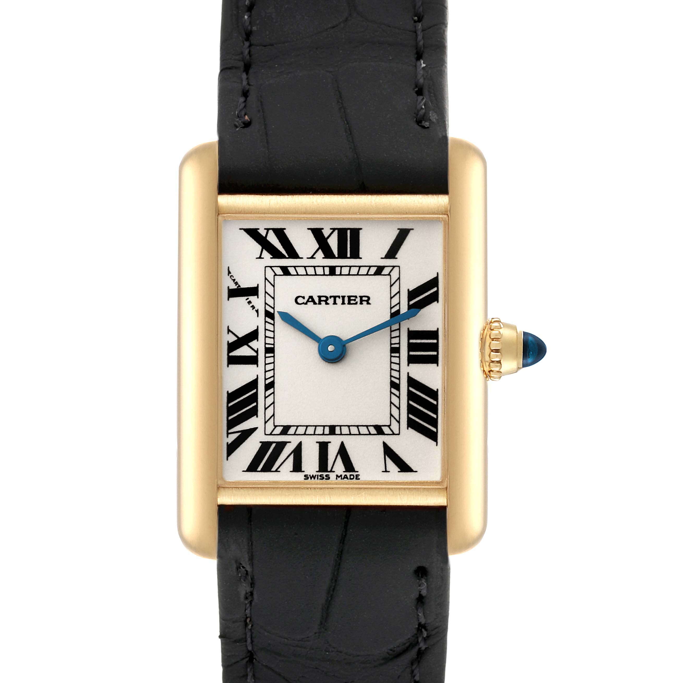 The image shows a front view of the Cartier Tank Louis W1529856 Women's Yellow Gold Silver Dial W1529856 Women's Yellow Gold Silver Dial model watch, featuring its rectangular face, Roman numerals, and black leather strap.