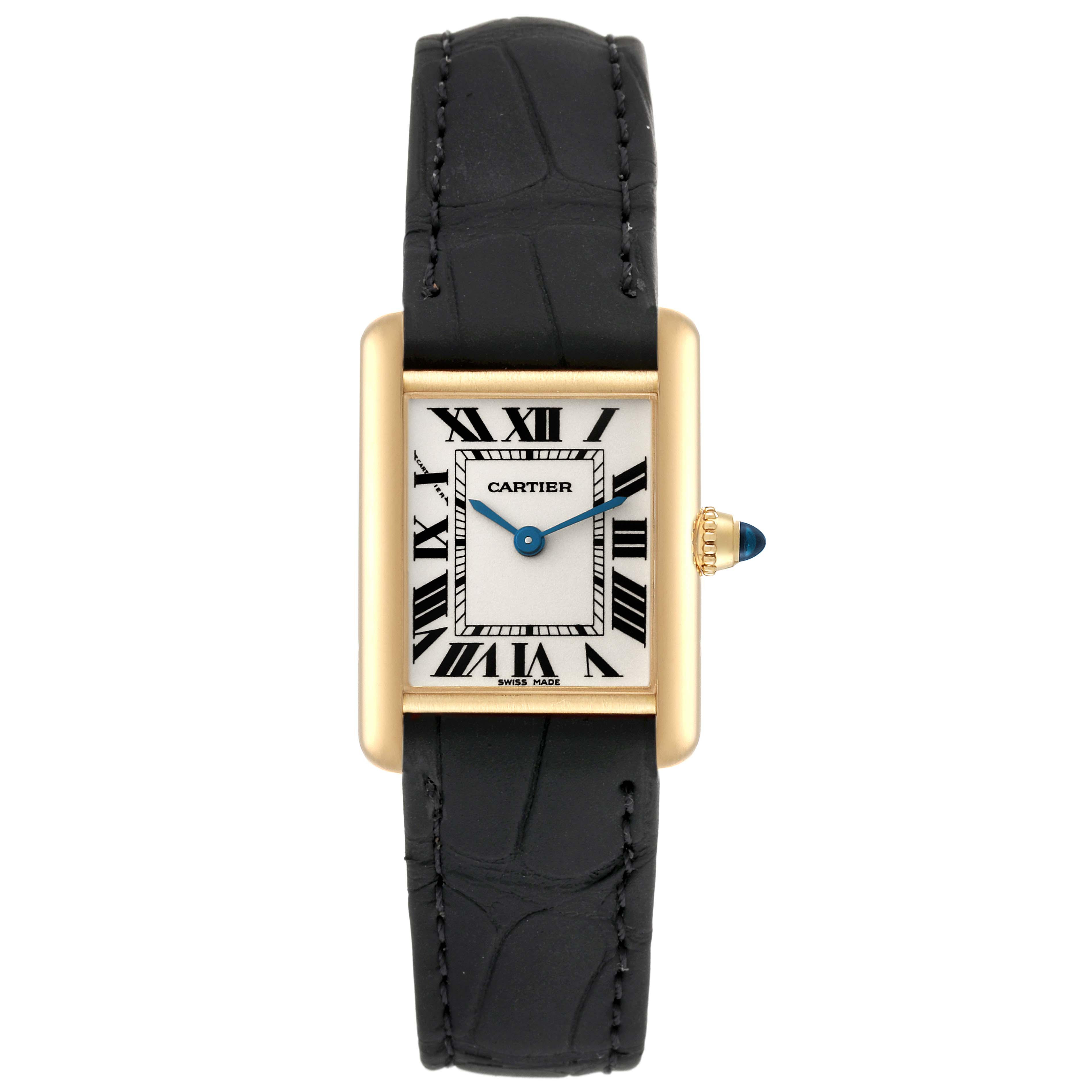 The image shows a front view of the Cartier Tank Louis W1529856 Women's Yellow Gold Silver Dial W1529856 Women's Yellow Gold Silver Dial watch, featuring its rectangular face, Roman numerals, and black leather strap.