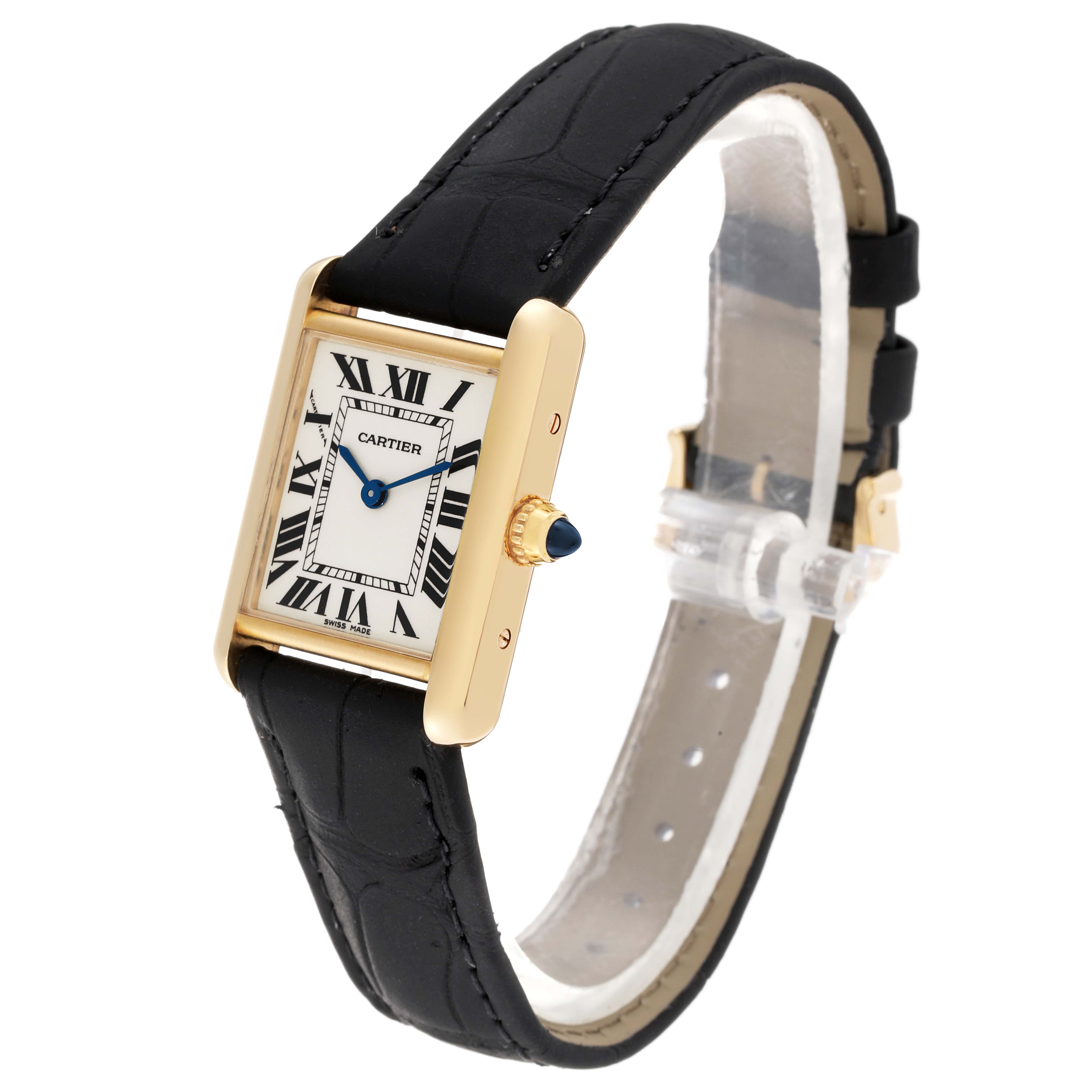 The image shows a Cartier Tank Louis W1529856 Women's Yellow Gold Silver Dial W1529856 Women's Yellow Gold Silver Dial watch at a slight angle, displaying the face, case, crown, and strap.