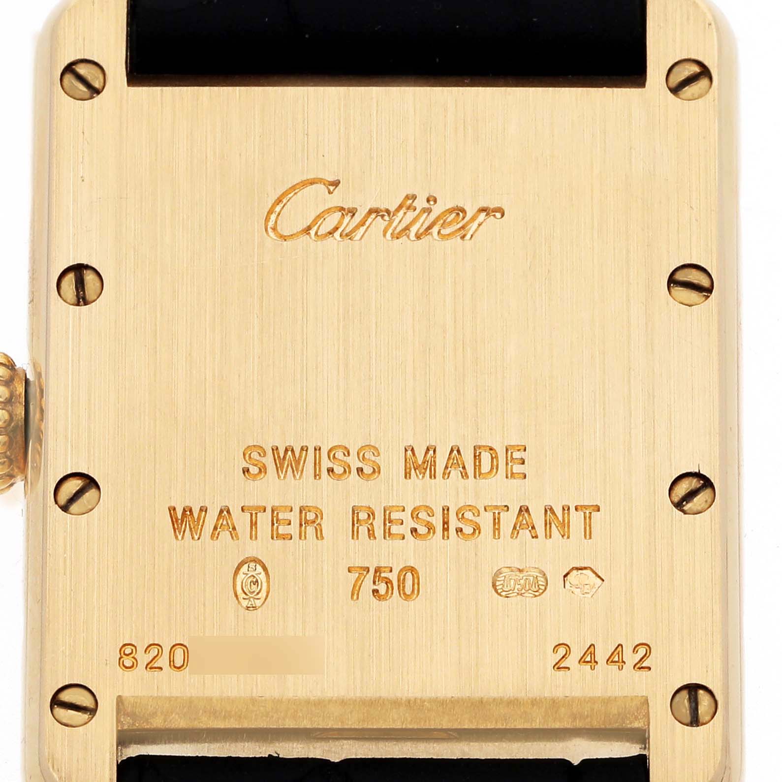 The image shows the back case of a Cartier Tank Louis W1529856 Women's Yellow Gold Silver Dial W1529856 Women's Yellow Gold Silver Dial watch, highlighting the brand name and specifications.