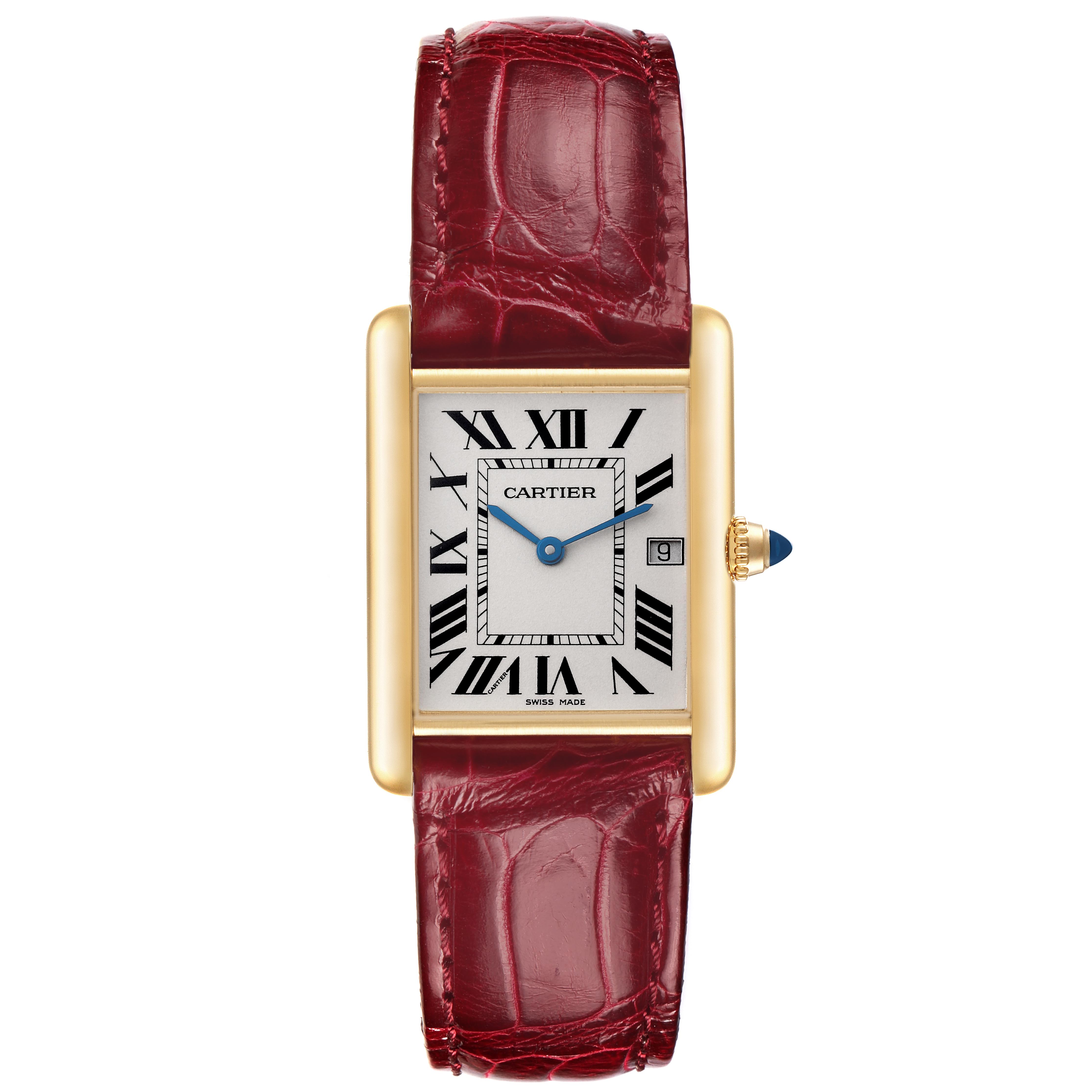 The Cartier Tank Louis W1529756 Men's Yellow Gold Silver Dial W1529756 Men's Yellow Gold Silver Dial watch is shown from the front, displaying the rectangular face, Roman numerals, gold casing, and burgundy strap.
