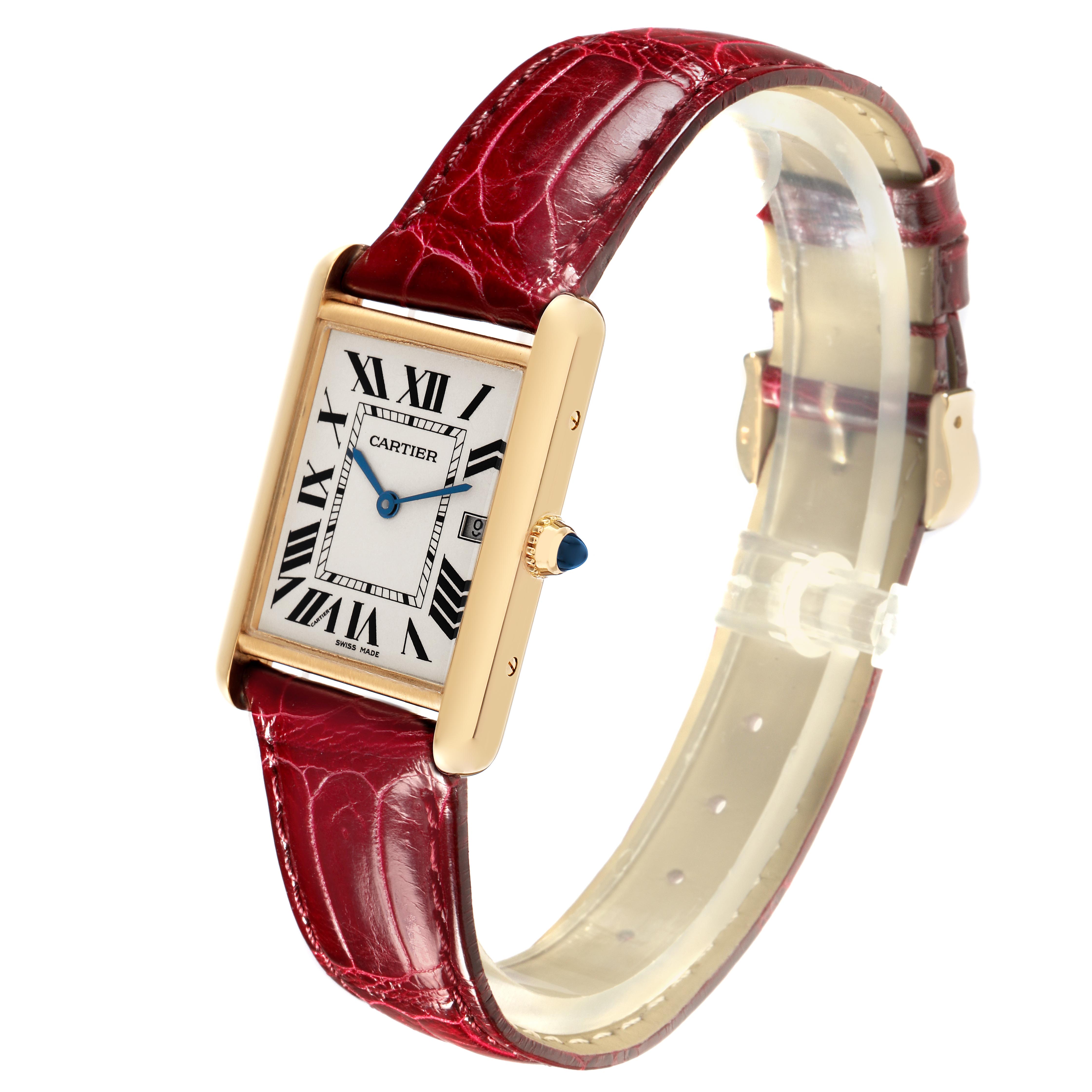 The Cartier Tank Louis W1529756 Men's Yellow Gold Silver Dial W1529756 Men's Yellow Gold Silver Dial watch is shown at a frontal angle, highlighting the dial, case, crown, and red strap.
