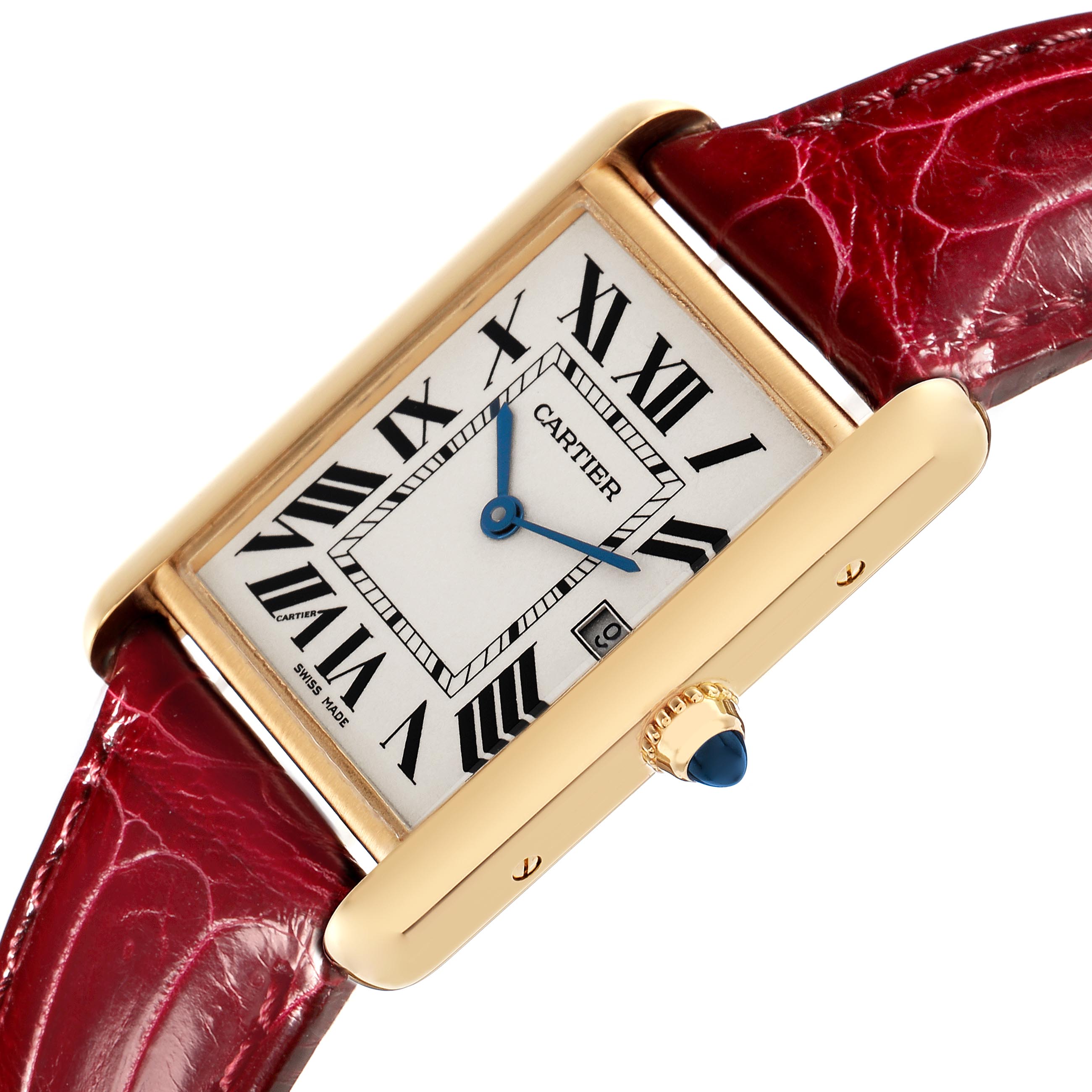 The Cartier Tank Louis W1529756 Men's Yellow Gold Silver Dial W1529756 Men's Yellow Gold Silver Dial watch is shown at an angle displaying its rectangular face, blue hands, Roman numerals, and a date window, with a gold case and red leather strap.