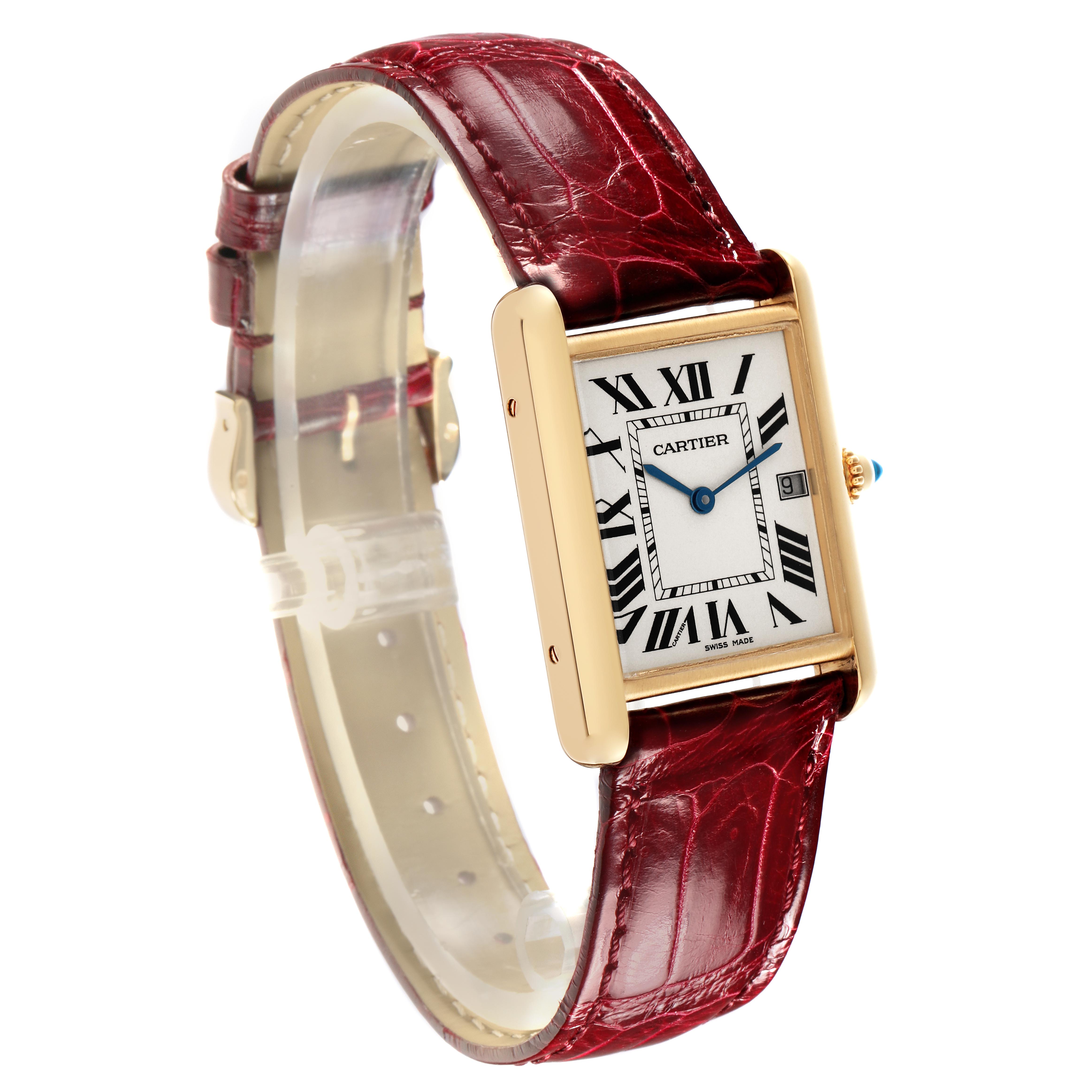 The Cartier Tank Louis W1529756 Men's Yellow Gold Silver Dial W1529756 Men's Yellow Gold Silver Dial watch is shown at a three-quarter angle, highlighting its dial, case, and red leather strap.