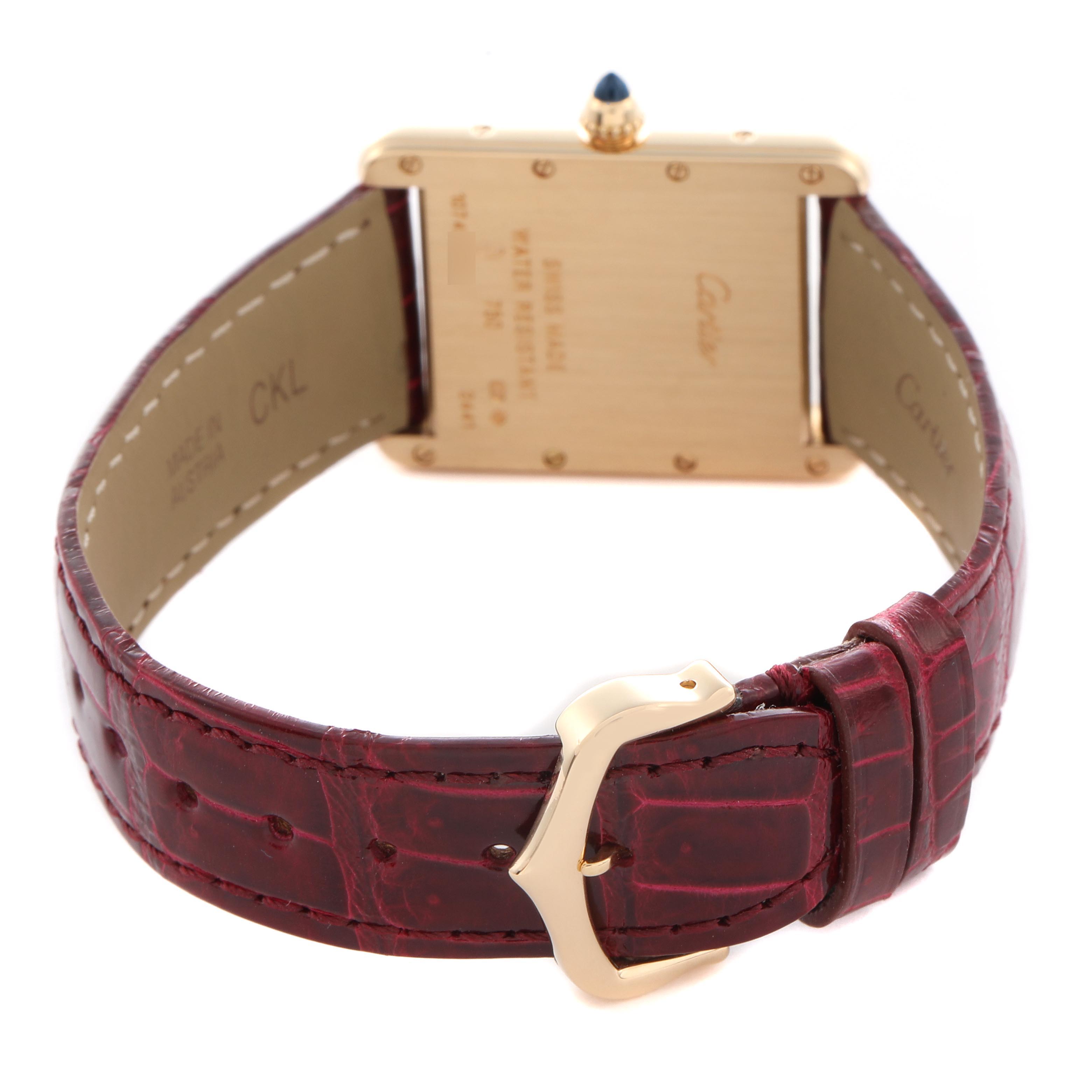 The image shows the back and side of a Cartier Tank Louis W1529756 Men's Yellow Gold Silver Dial W1529756 Men's Yellow Gold Silver Dial watch, highlighting the strap, buckle, and case back.