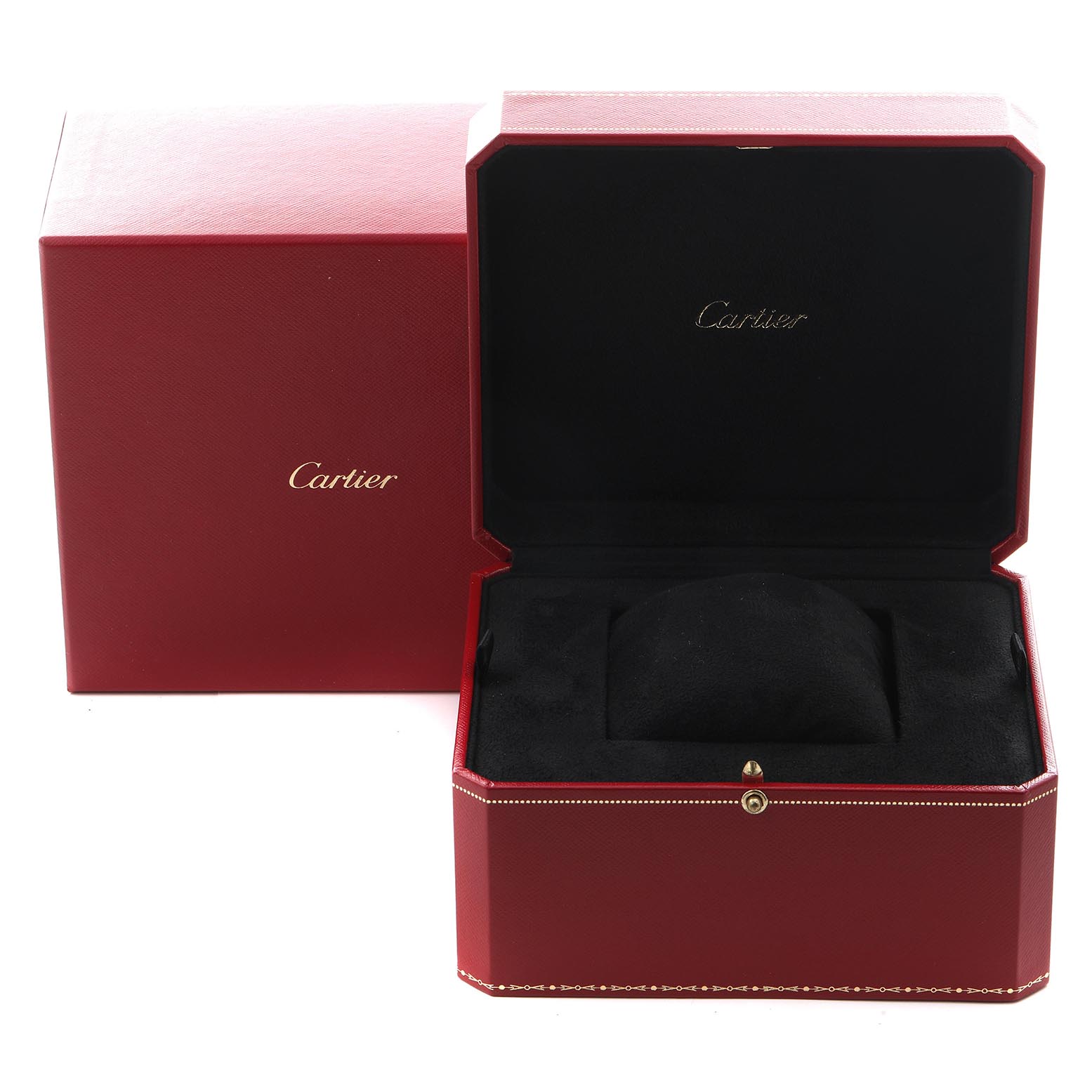 The image shows a Cartier Tank Louis W1529756 Men's Yellow Gold Silver Dial W1529756 Men's Yellow Gold Silver Dial watch box open, displaying its luxurious red and black interior.