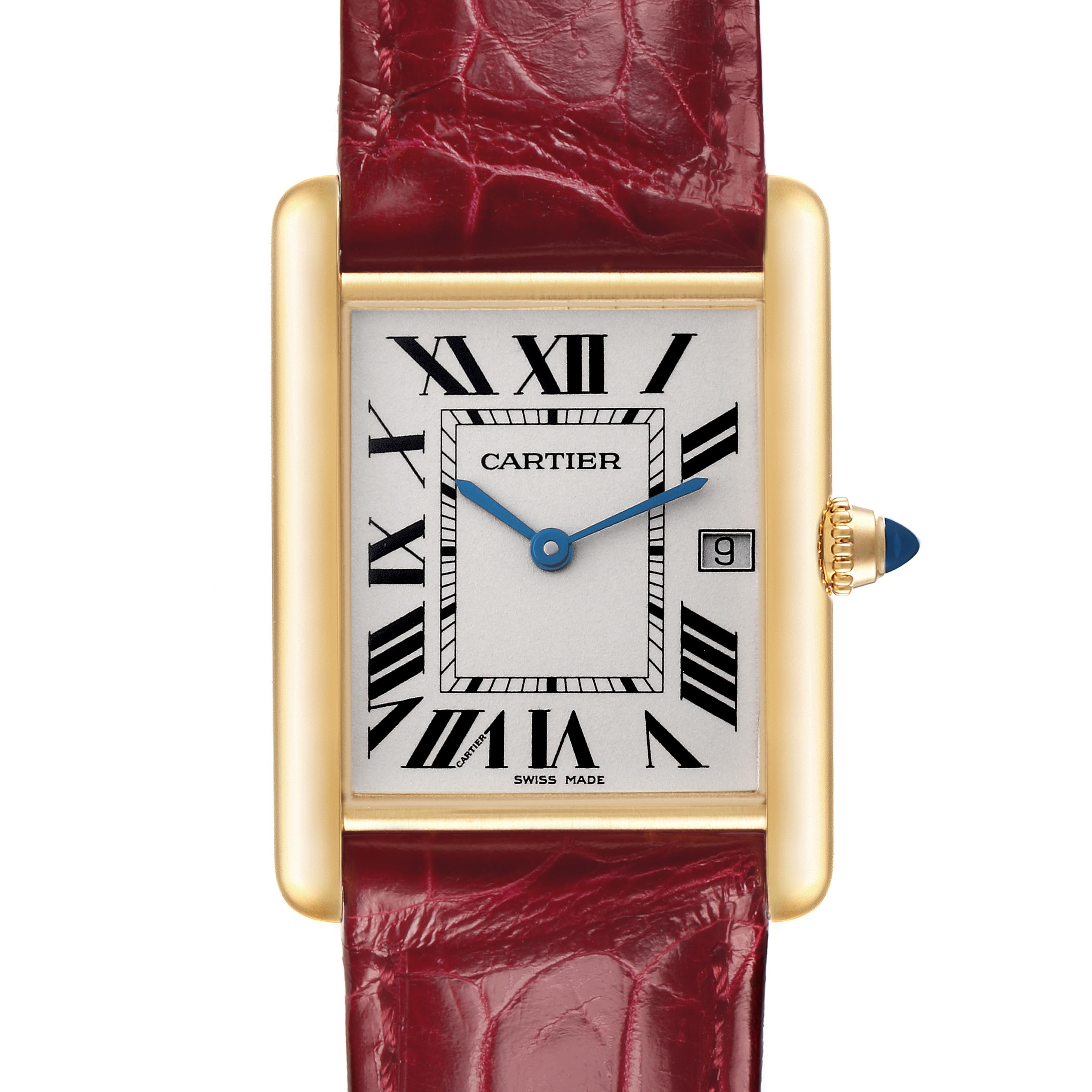 The Cartier Tank Louis W1529756 Men's Yellow Gold Silver Dial W1529756 Men's Yellow Gold Silver Dial watch is shown from a front view, displaying its face, gold case, and red leather strap.