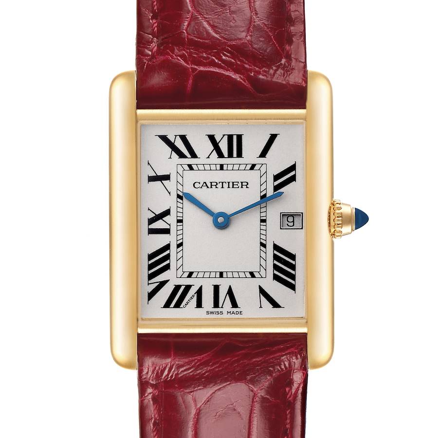 The Cartier Tank Louis watch is shown from a front view, displaying its face, gold case, and red leather strap.