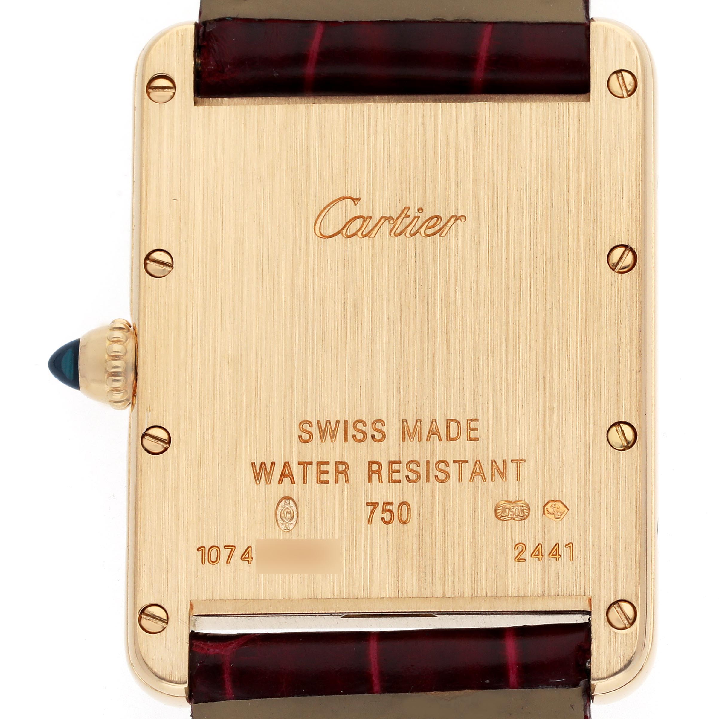 The image shows the back case of a Cartier Tank Louis W1529756 Men's Yellow Gold Silver Dial W1529756 Men's Yellow Gold Silver Dial watch, highlighting its markings and crown with a blue cabochon.