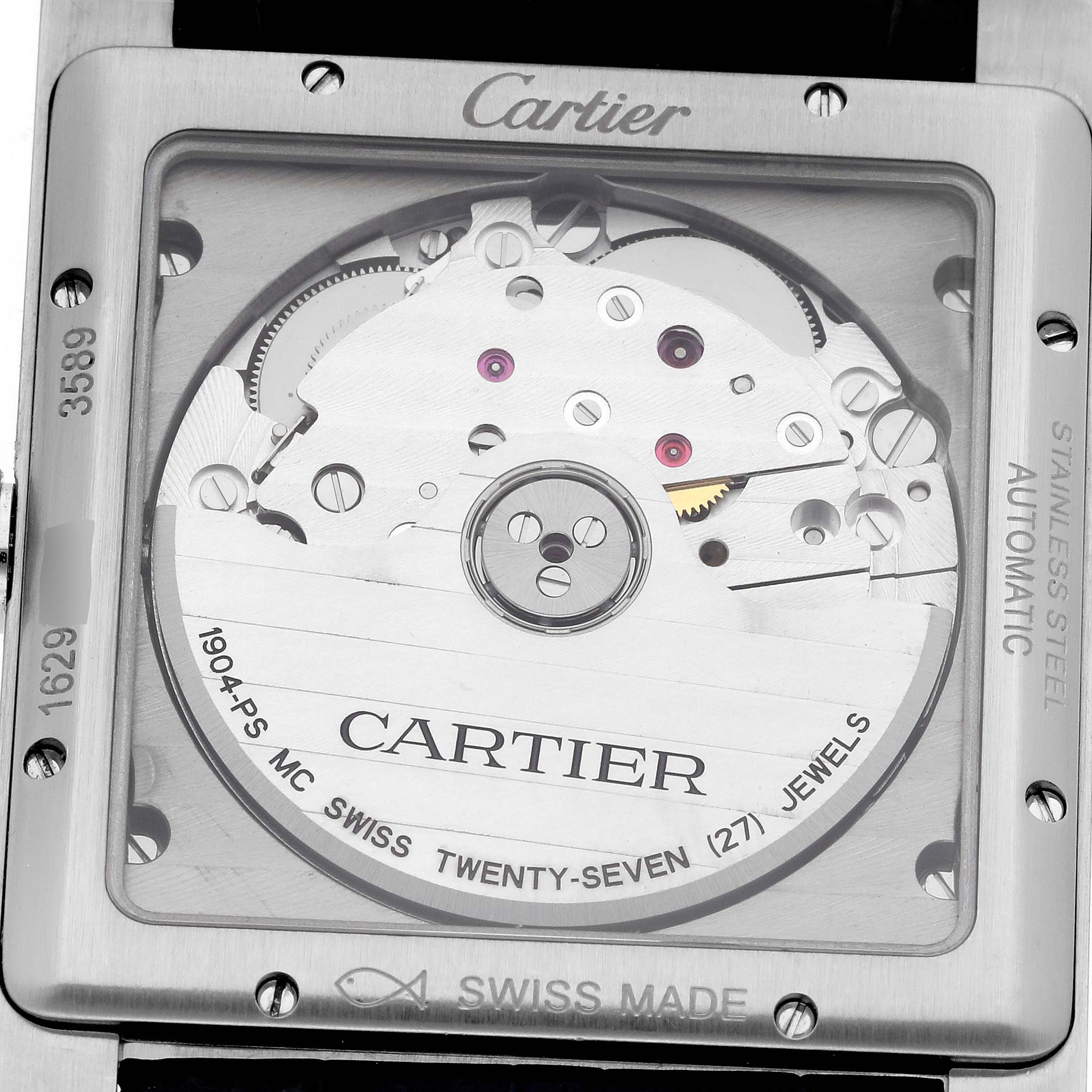 The image shows the back view of the Cartier Tank MC WSTA0010 Men's Stainless Steel Blue Dial WSTA0010 Men's Stainless Steel Blue Dial watch, highlighting its automatic movement and intricate mechanical components.