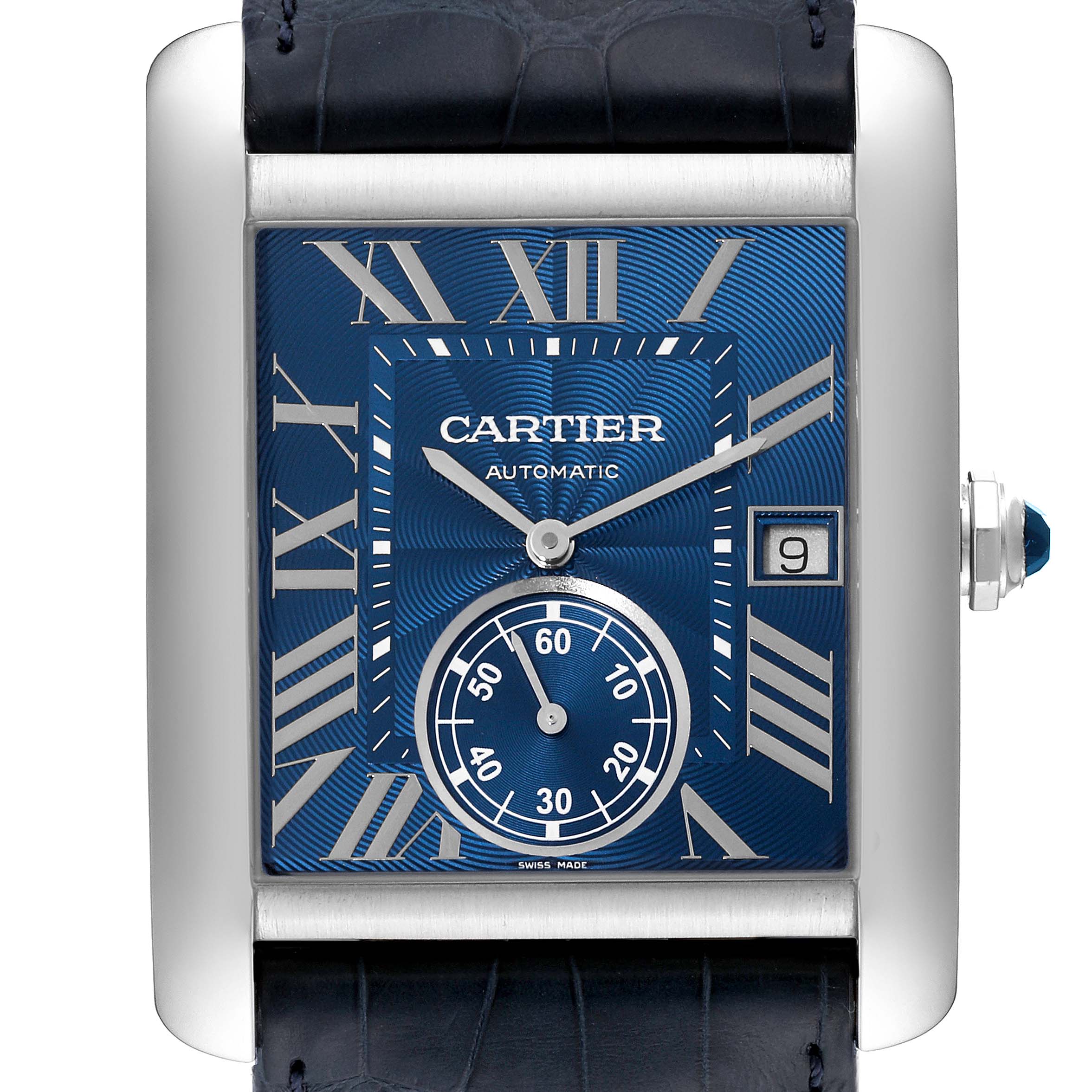 The image shows a close-up of the Cartier Tank MC WSTA0010 Men's Stainless Steel Blue Dial WSTA0010 Men's Stainless Steel Blue Dial watch displaying the dial, hands, date window, and part of the crown.