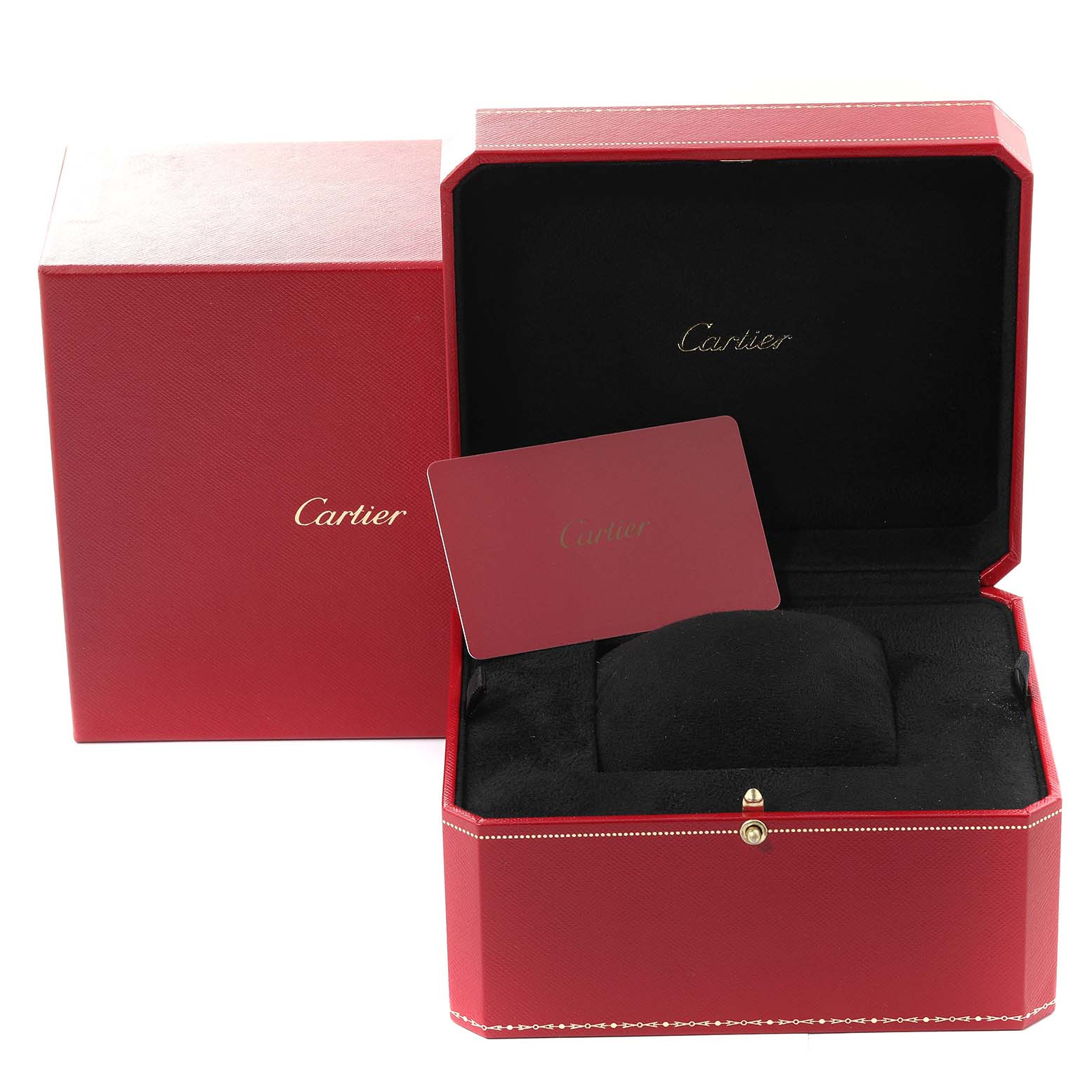The image shows a Cartier-branded red box for the Tank MC model, with an open lid, cushion, and a card.