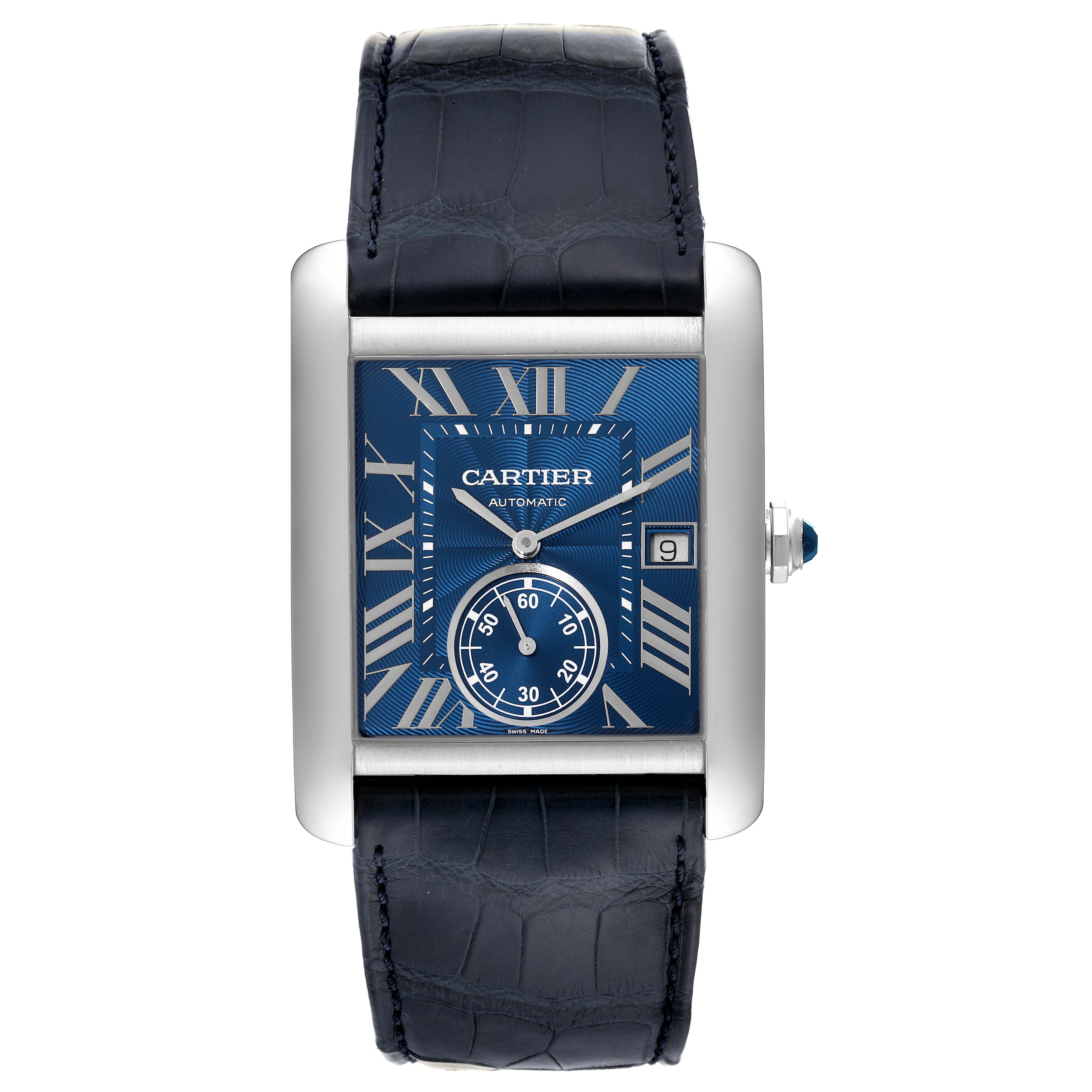 This image shows a Cartier Tank MC WSTA0010 Men's Stainless Steel Blue Dial WSTA0010 Men's Stainless Steel Blue Dial watch from a front view, highlighting its blue dial, roman numerals, date function, and leather strap.
