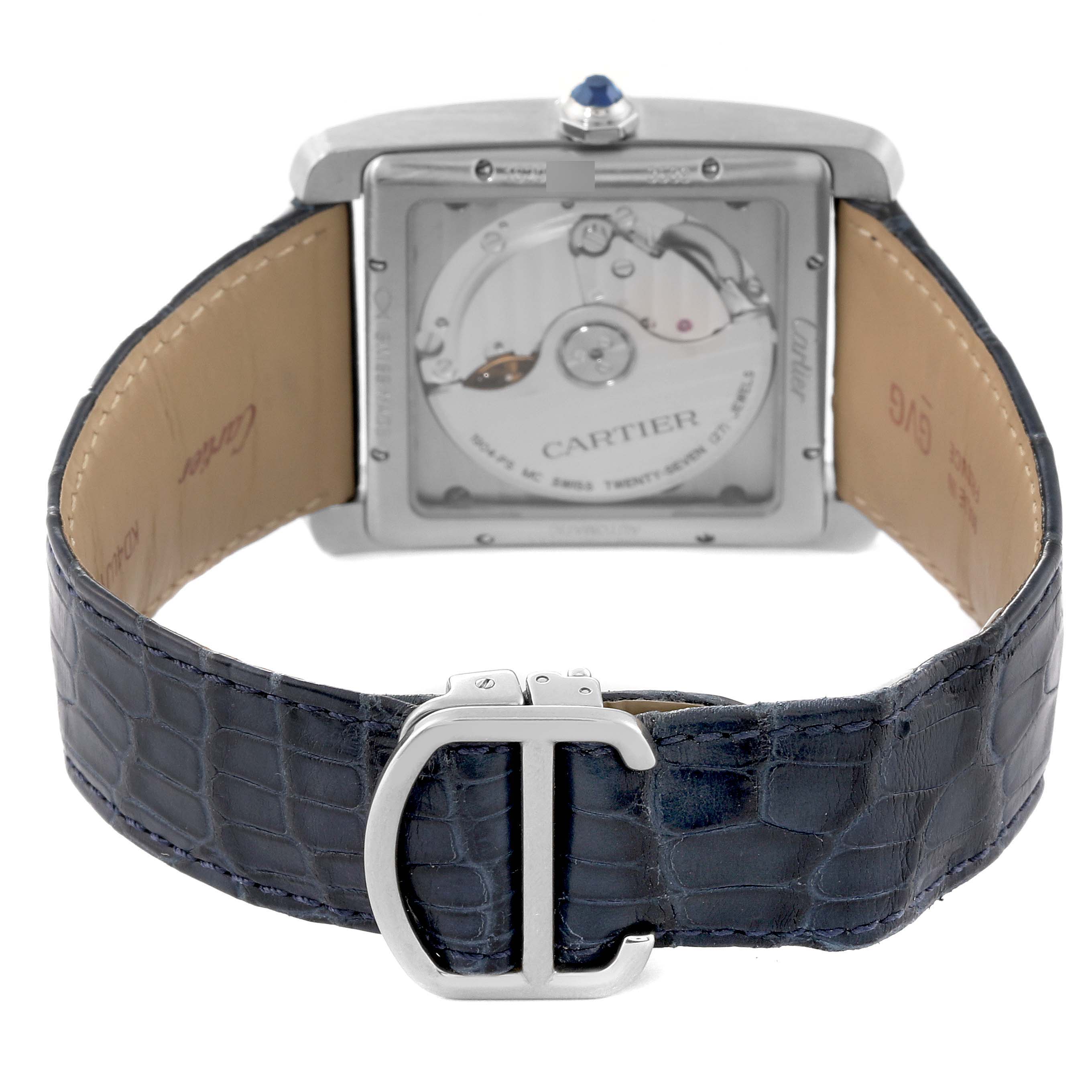 The image shows the back view of a Cartier Tank MC WSTA0010 Men's Stainless Steel Blue Dial WSTA0010 Men's Stainless Steel Blue Dial watch, featuring the movement, case, crown, and leather strap.