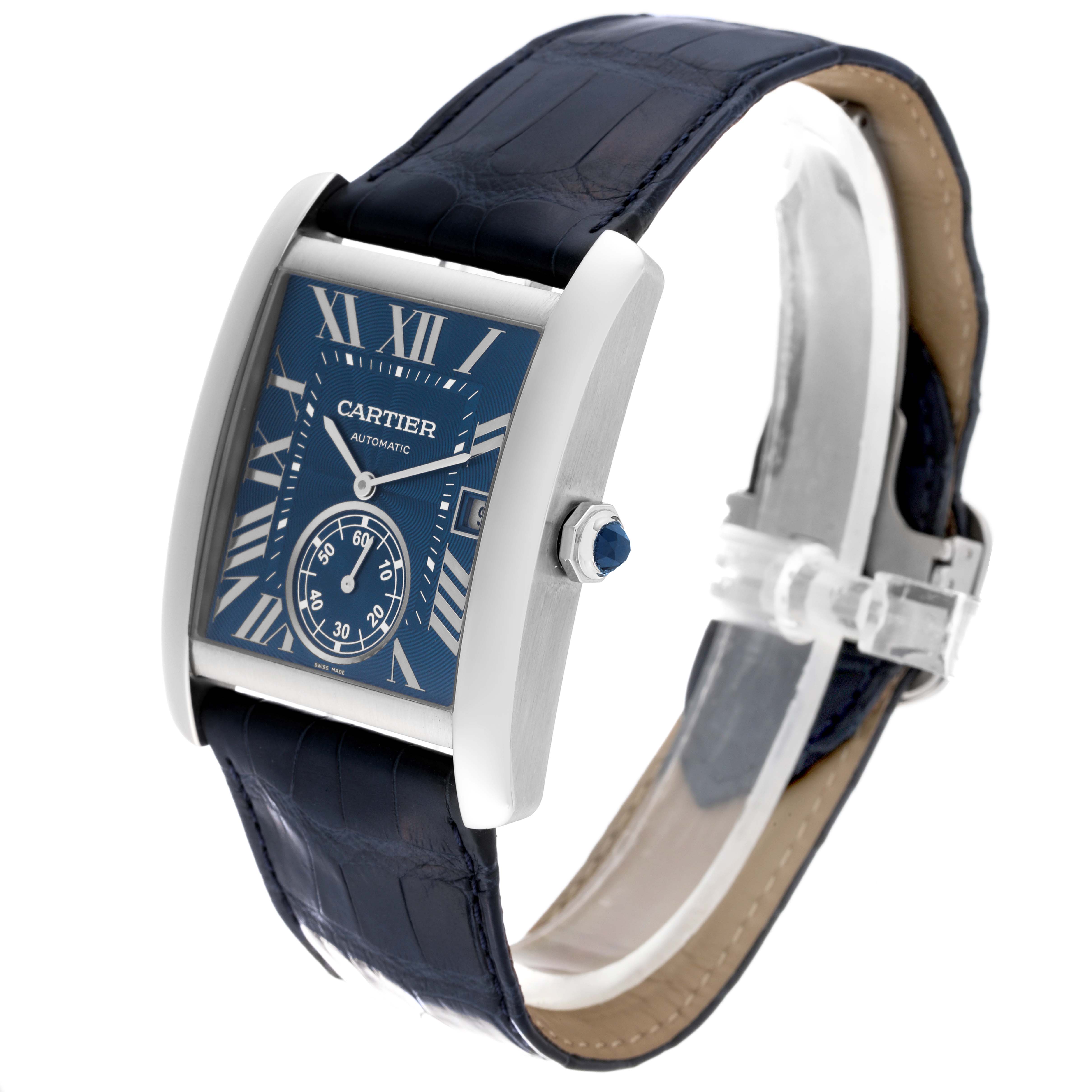 The Cartier Tank MC WSTA0010 Men's Stainless Steel Blue Dial WSTA0010 Men's Stainless Steel Blue Dial watch is shown at a three-quarter angle, displaying the dial, side profile, crown, and leather strap.