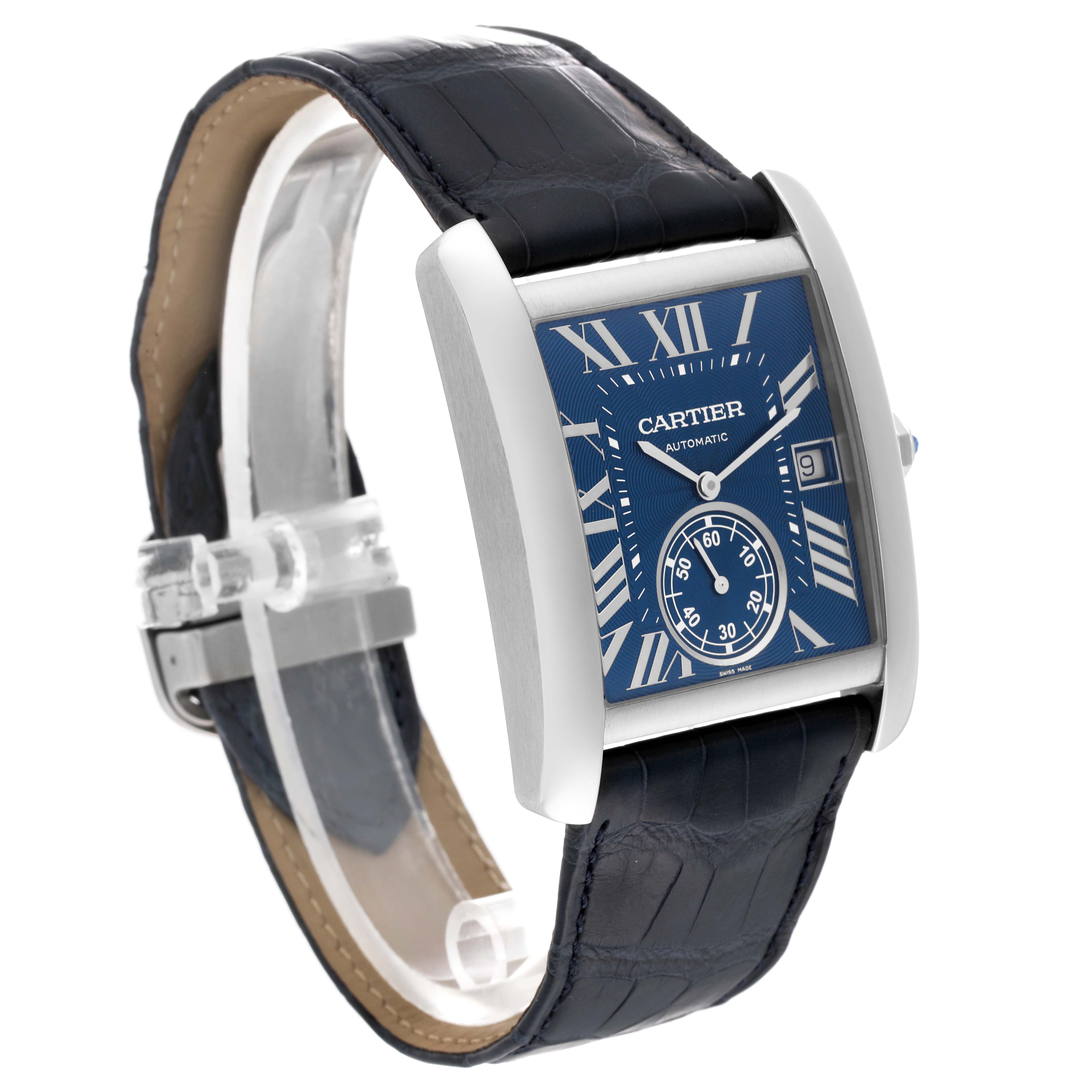 The Tank MC model by Cartier is shown at a slight angle emphasizing the rectangular face, blue dial, and leather strap.