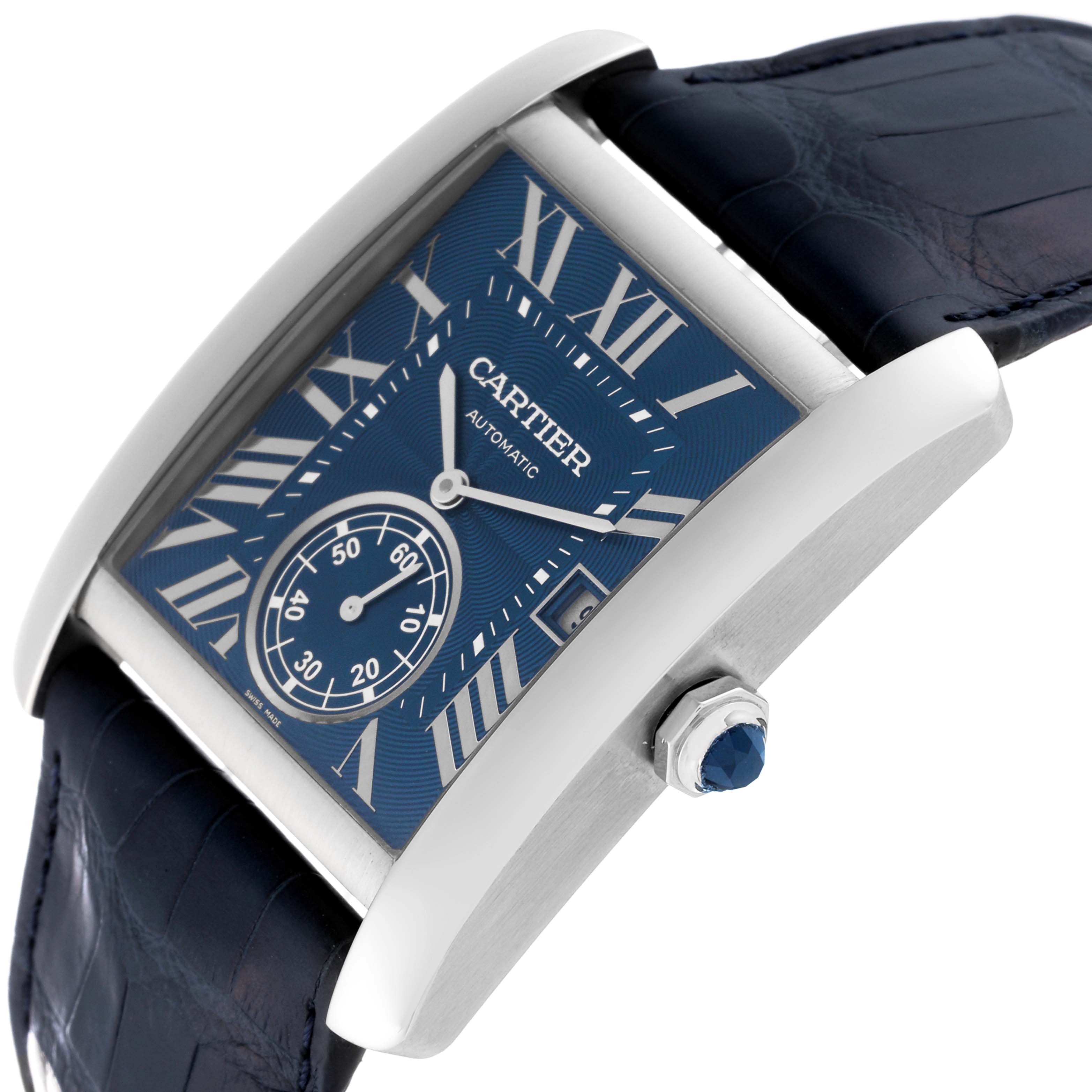 The image shows a Cartier Tank MC WSTA0010 Men's Stainless Steel Blue Dial WSTA0010 Men's Stainless Steel Blue Dial watch at a slight angle, displaying its blue dial, silver-tone case, crown, and strap.