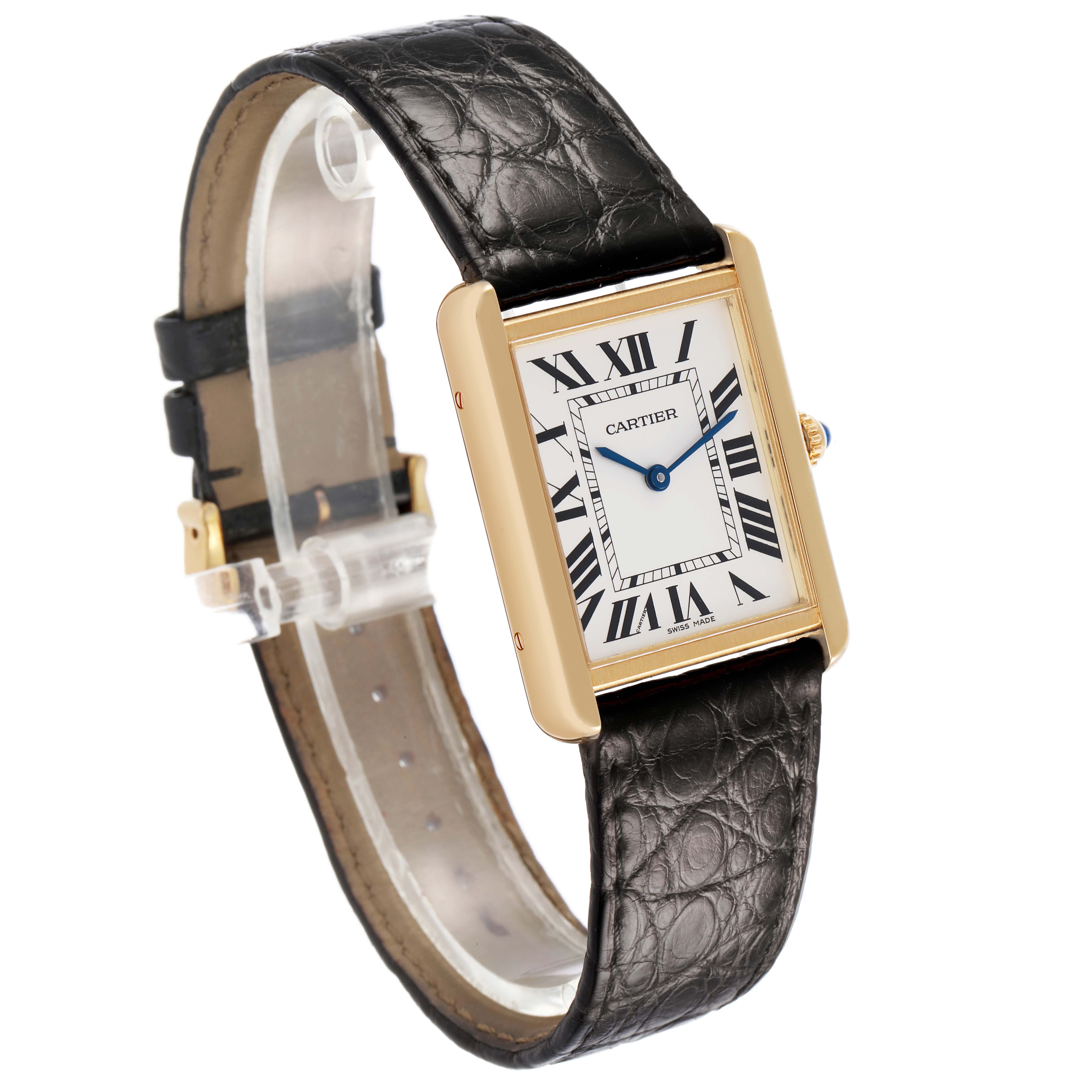 The Cartier Tank Solo W5200025 Men's Yellow Gold Silver Dial watch is shown at an angled view, highlighting the face, case, and leather strap.
