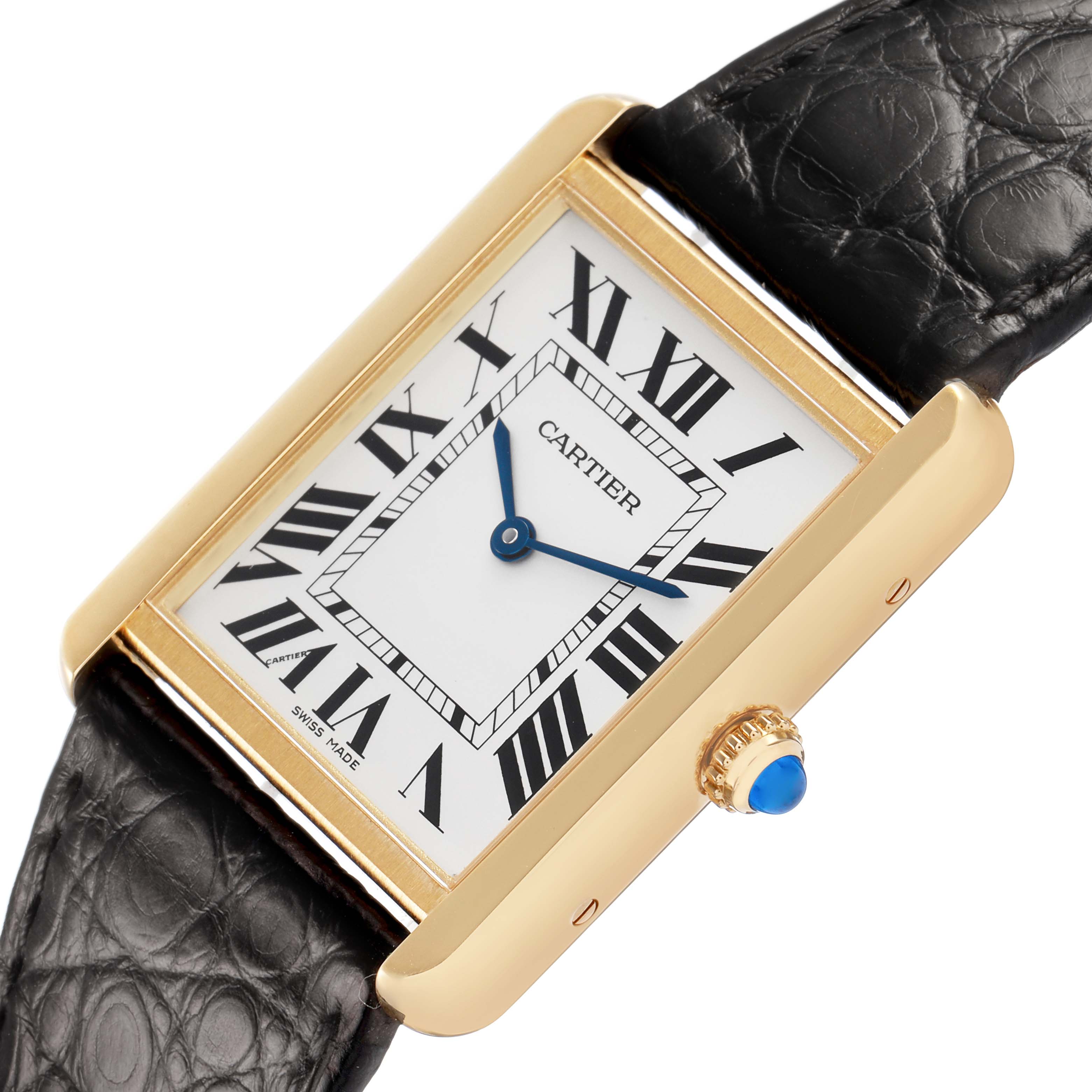 The Cartier Tank Solo W5200025 Men's Yellow Gold Silver Dial watch is shown at a slight angle highlighting the gold rectangular case, Roman numerals, crown, and leather strap.